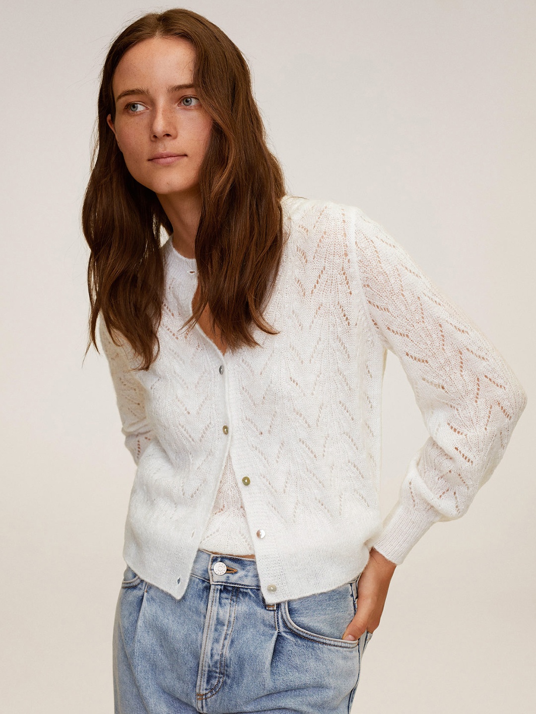 

MANGO Women White Open Knit Self Design Cardigan