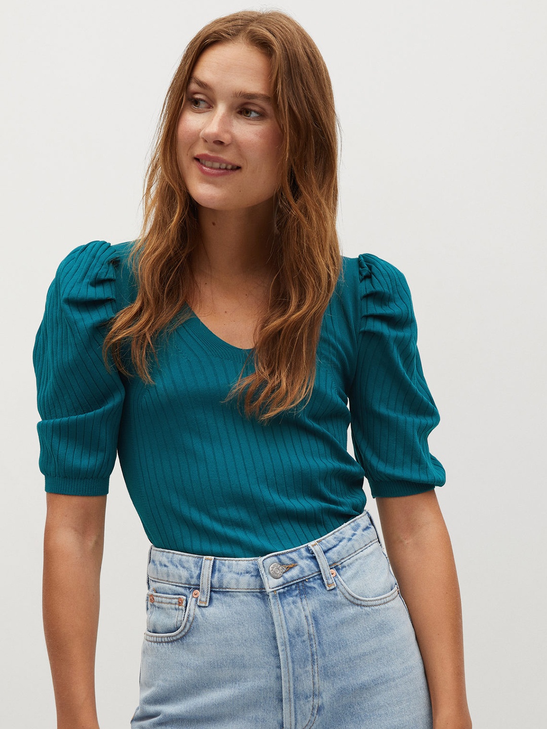 

MANGO Women Teal Blue Self-Striped Pullover Sweater