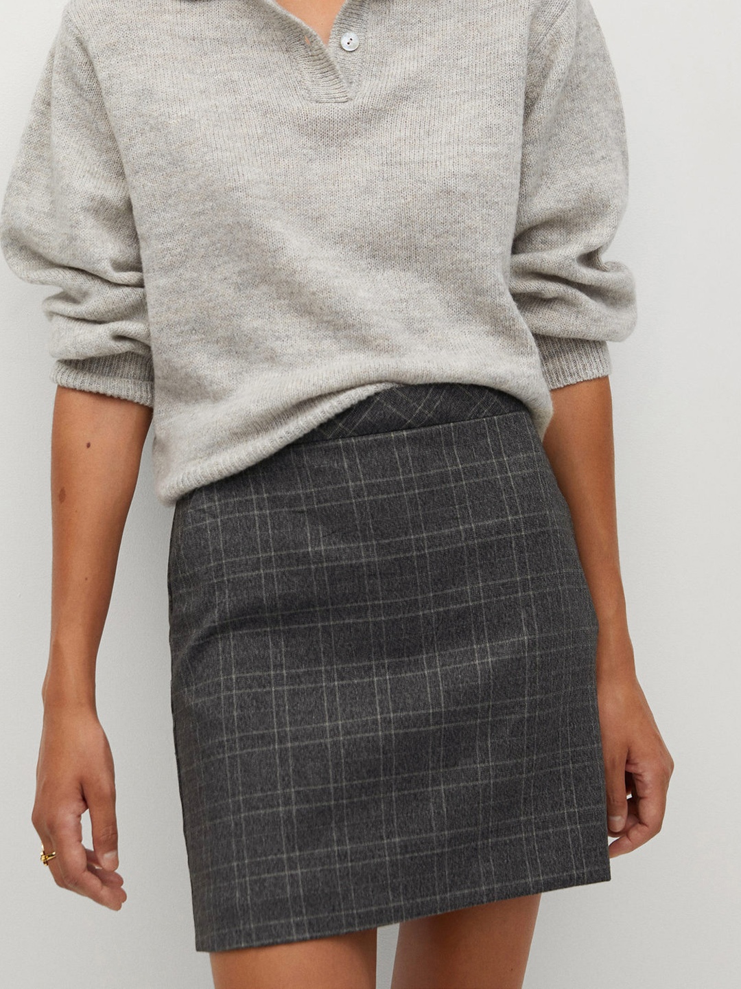 

MANGO Charcoal Grey Checked Mini Straight Skirt