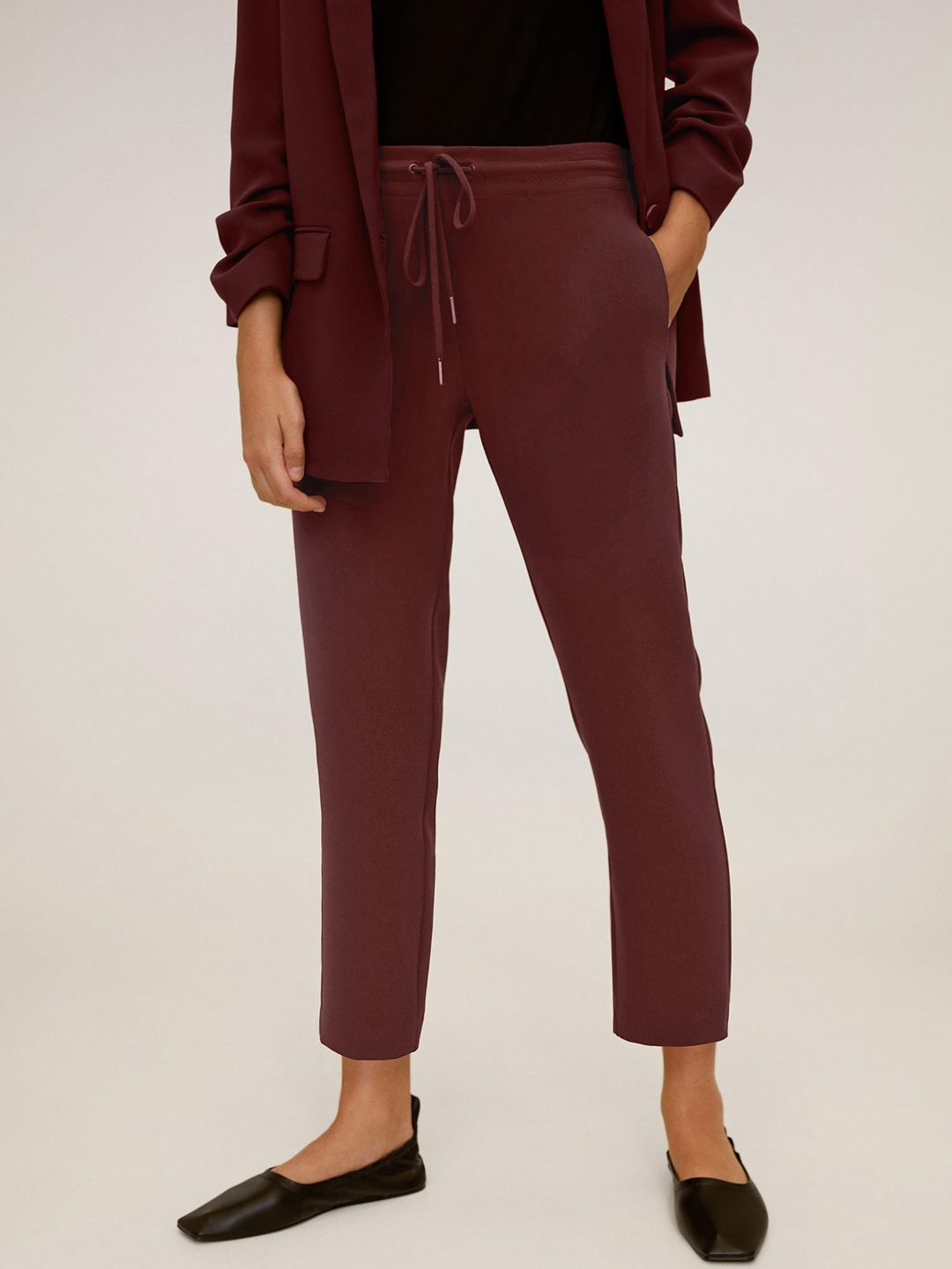 

MANGO Women Maroon Sustainable Straight Fit Wrinkle-Free Solid Regular Trousers