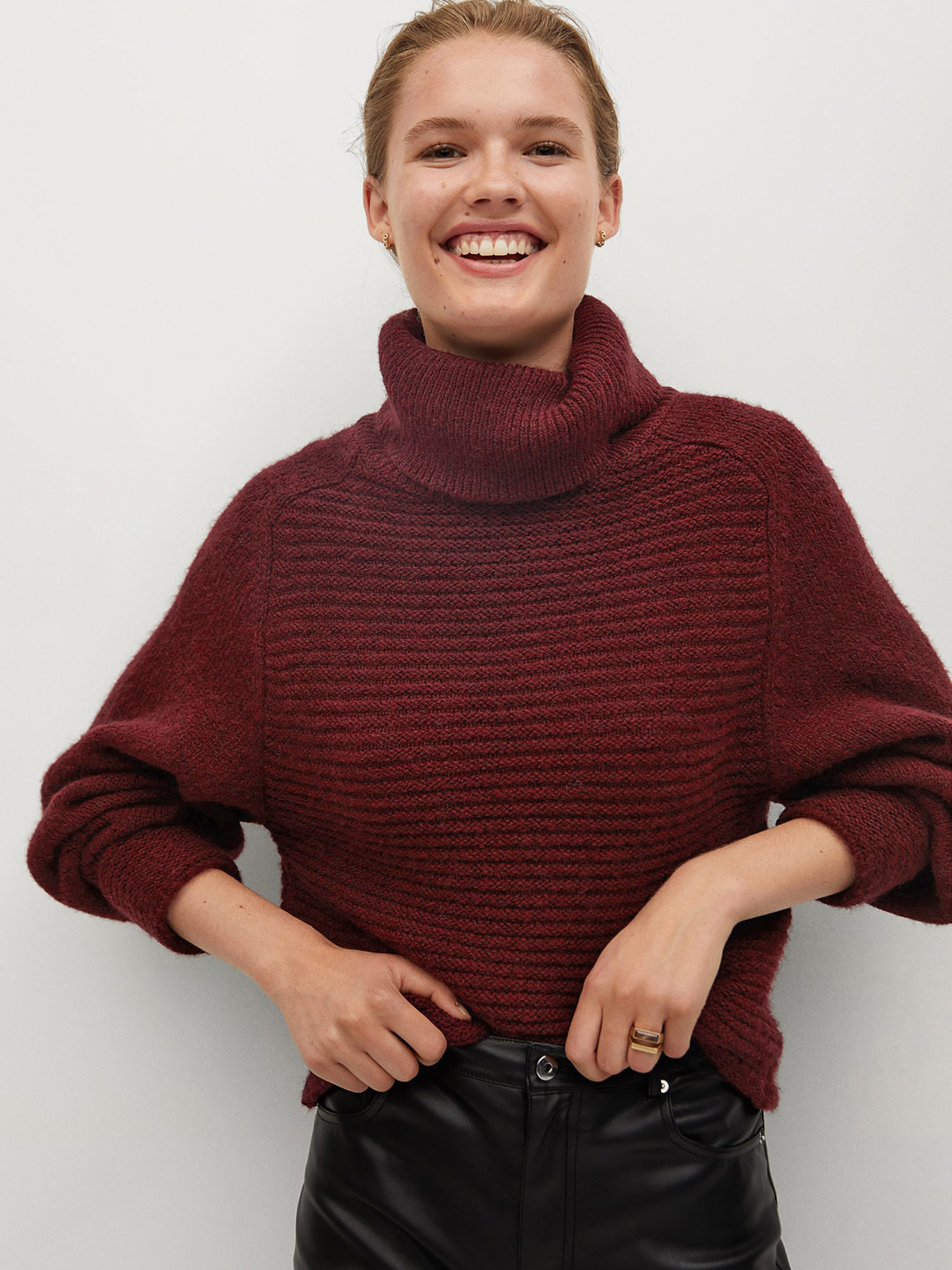 

MANGO Women Maroon Self-Striped Pullover Sweater