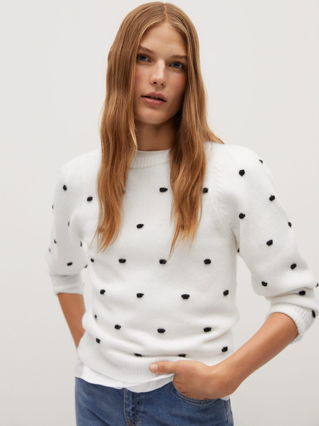 

MANGO Women White & Black Sustainable Polka Dots Knitted Pullover