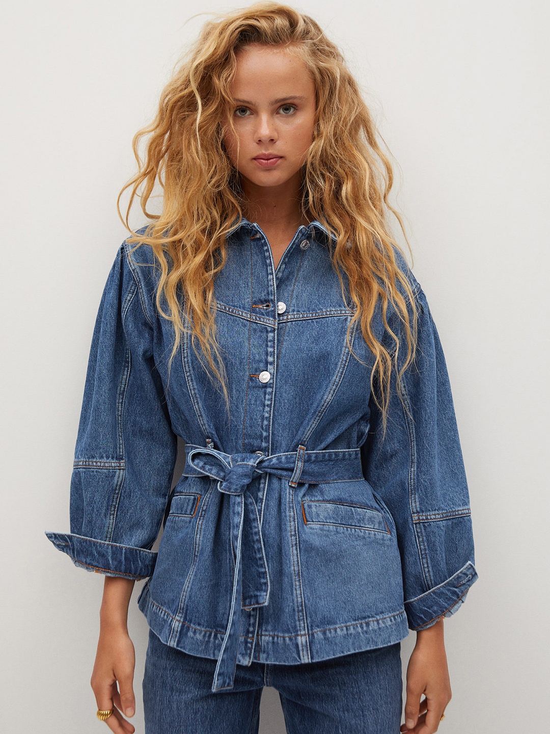 

MANGO Women Blue Sustainable Solid Denim Jacket with Belt