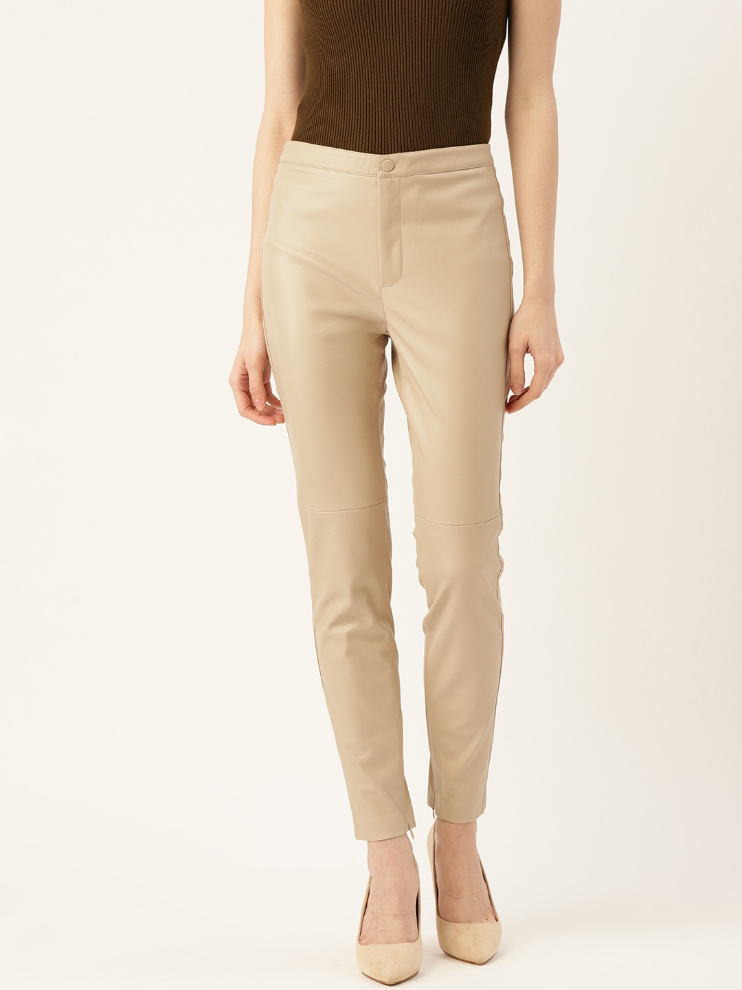 

MANGO Women Beige Slim Fit Solid Faux Leather Coated Regular Trousers