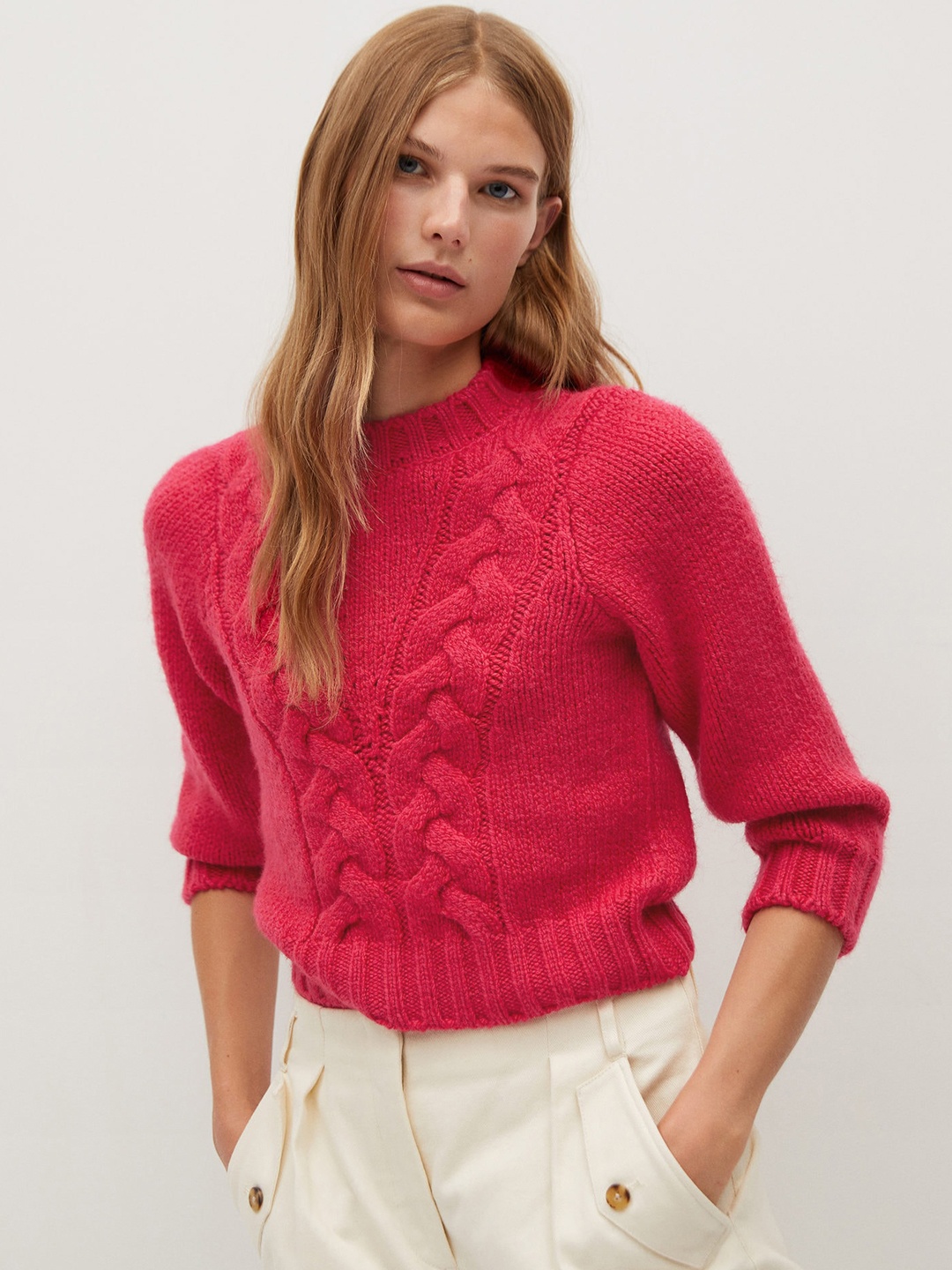 

MANGO Women Fuchsia Pink Cable Knit Pullover Sweater