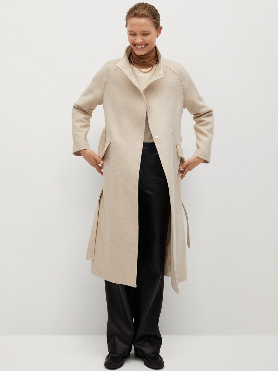 

MANGO Women Off-White Solid Double Breasted Knee Length Sustainable Overcoat with Belt