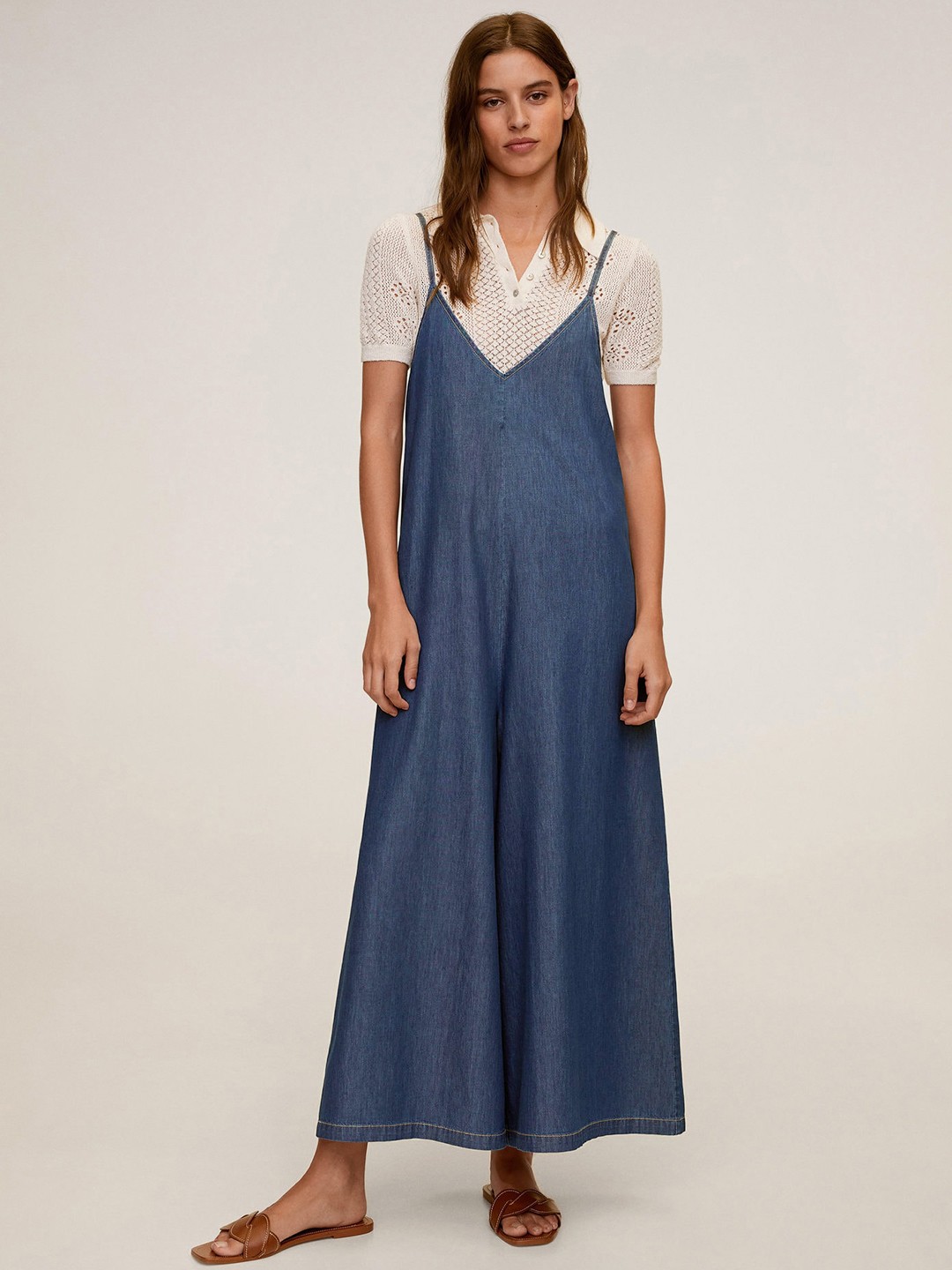 

MANGO Women Navy Blue Solid Denim Flared Basic Jumpsuit