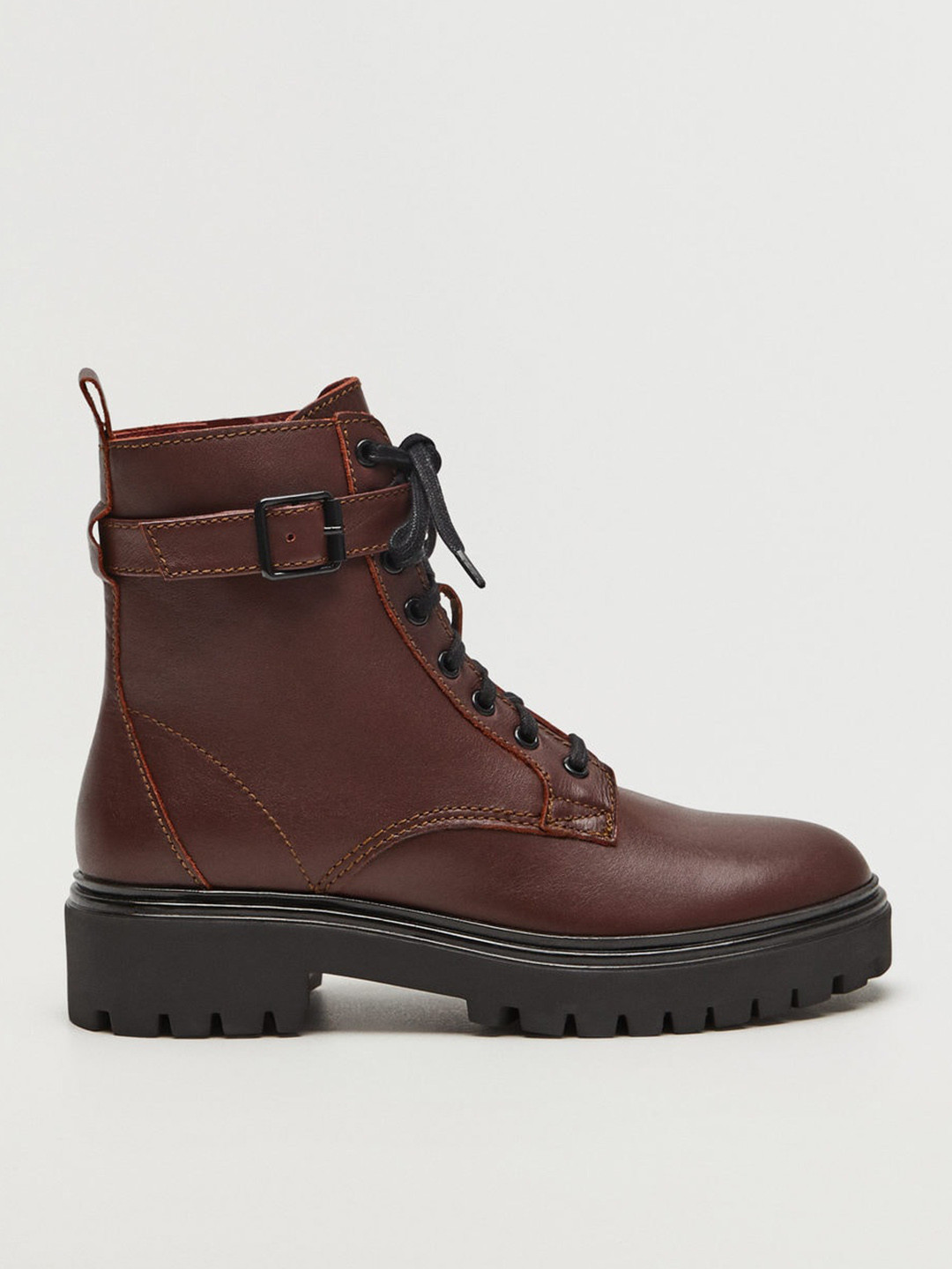 

MANGO Women Brown Solid Leather Mid-Top Flat Boots