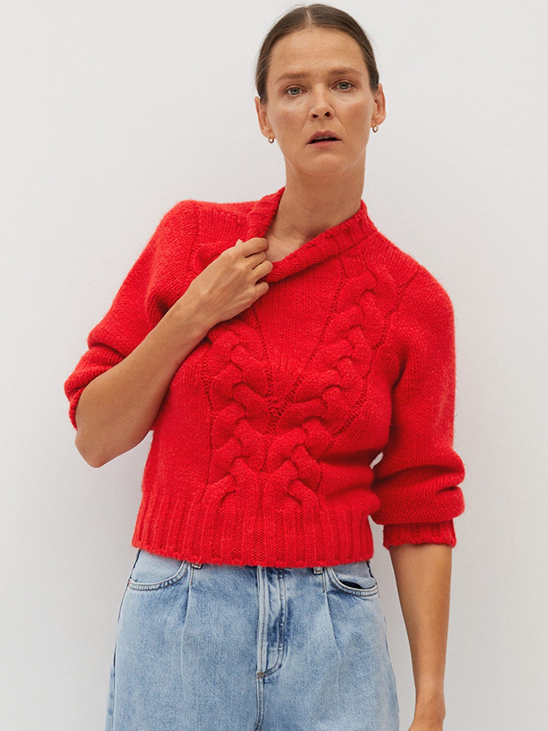 

MANGO Women Red Cable Knit Self Design Pullover