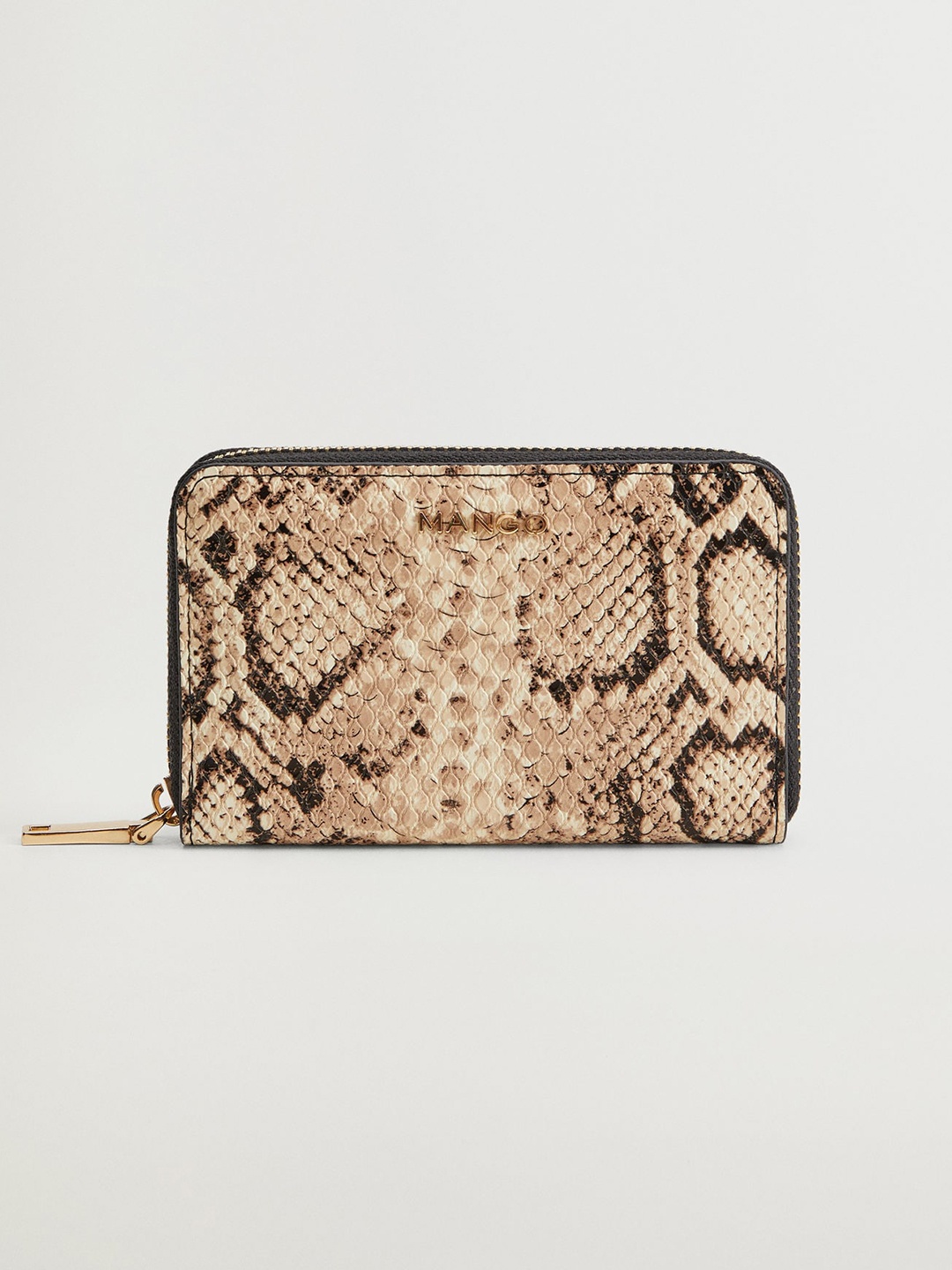 

MANGO Women Beige & Coffee Brown Snakeskin Textured Zip Around Wallet
