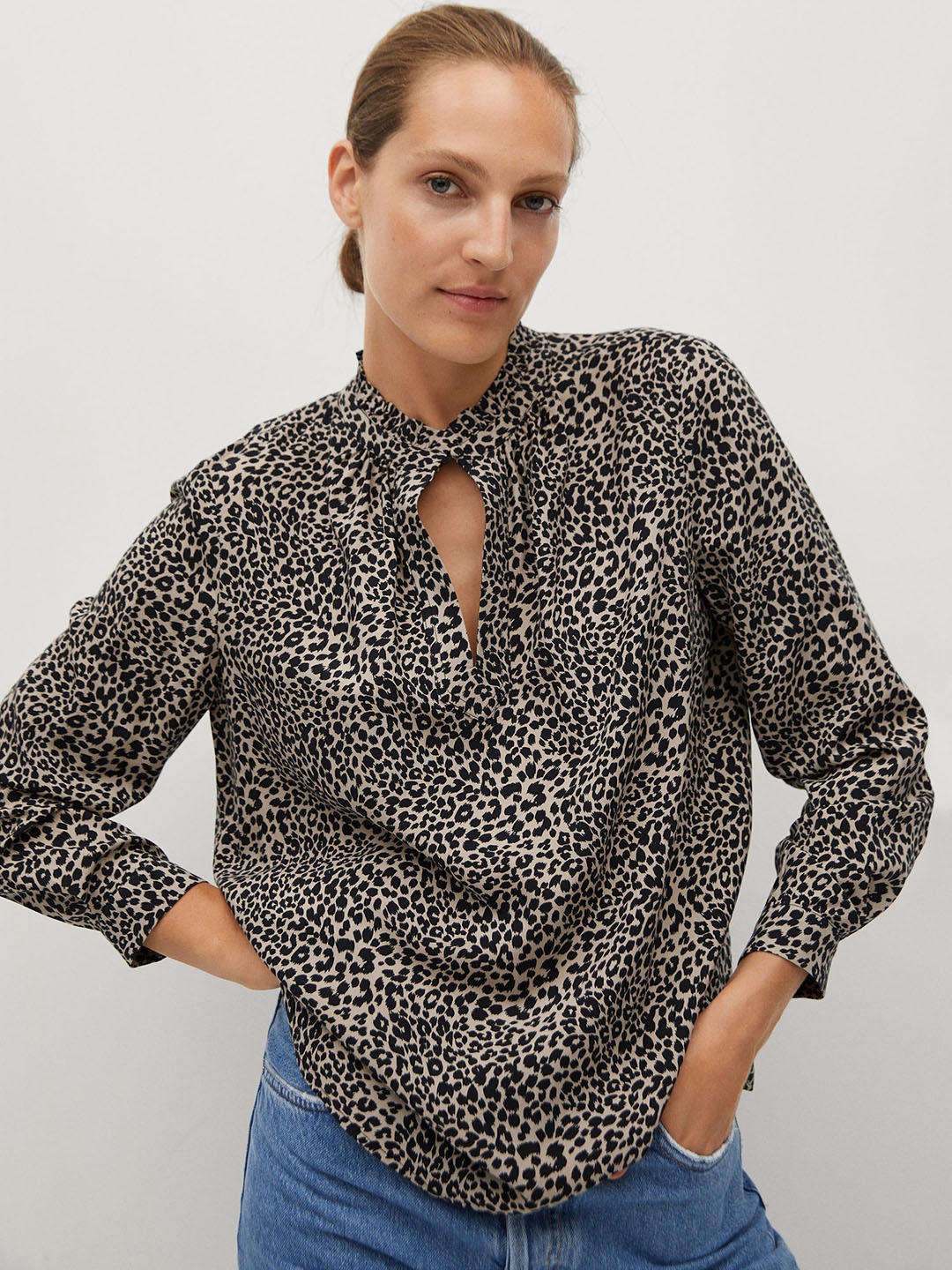 

MANGO Women Black & Beige Sustainable Leopard Print Top