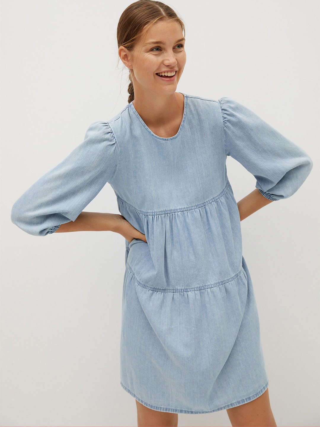 

MANGO Women Blue Sustainable Chambray Solid Tiered A-Line Dress