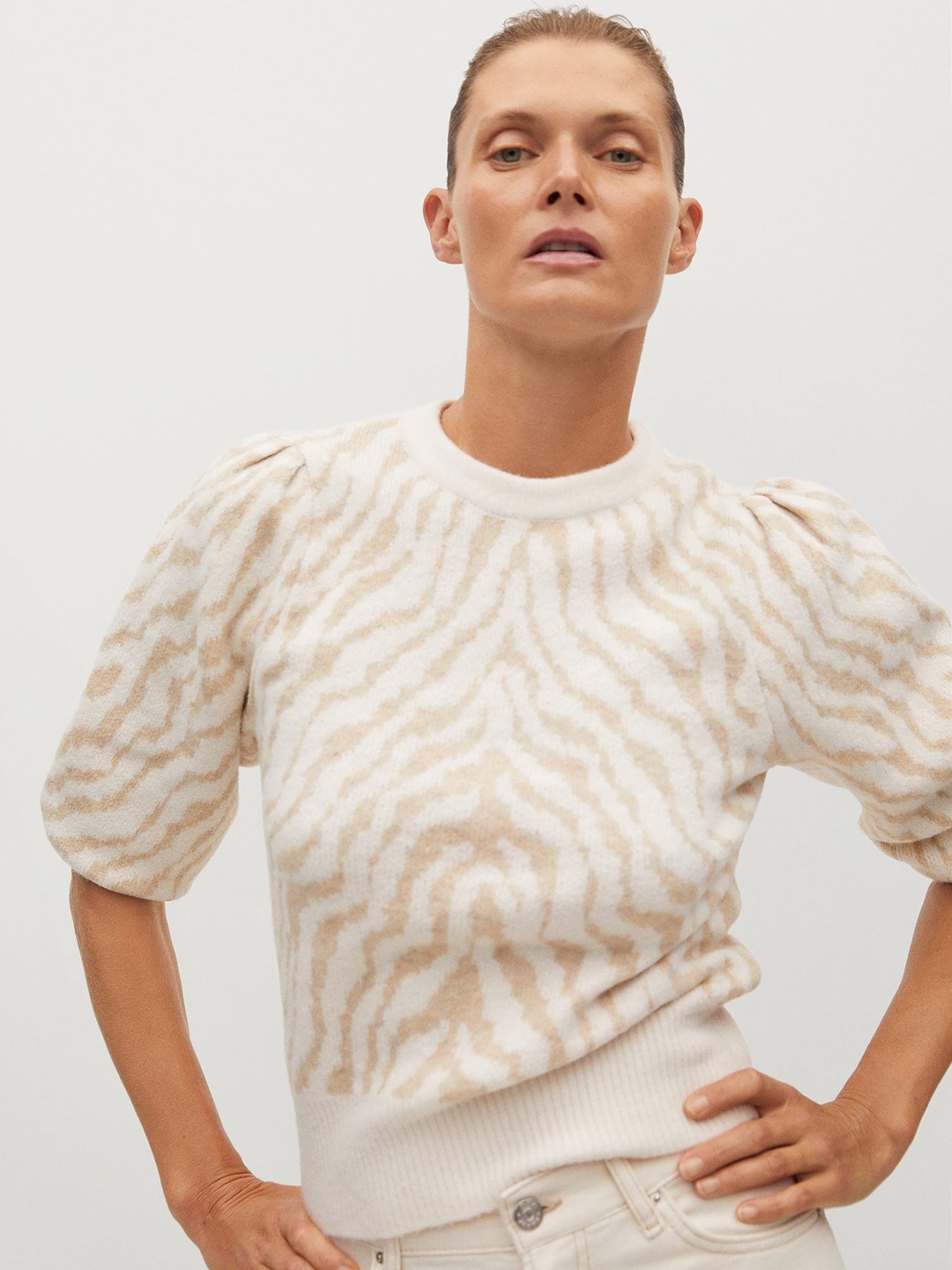 

MANGO Women Beige & White Zebra Self Design Pullover