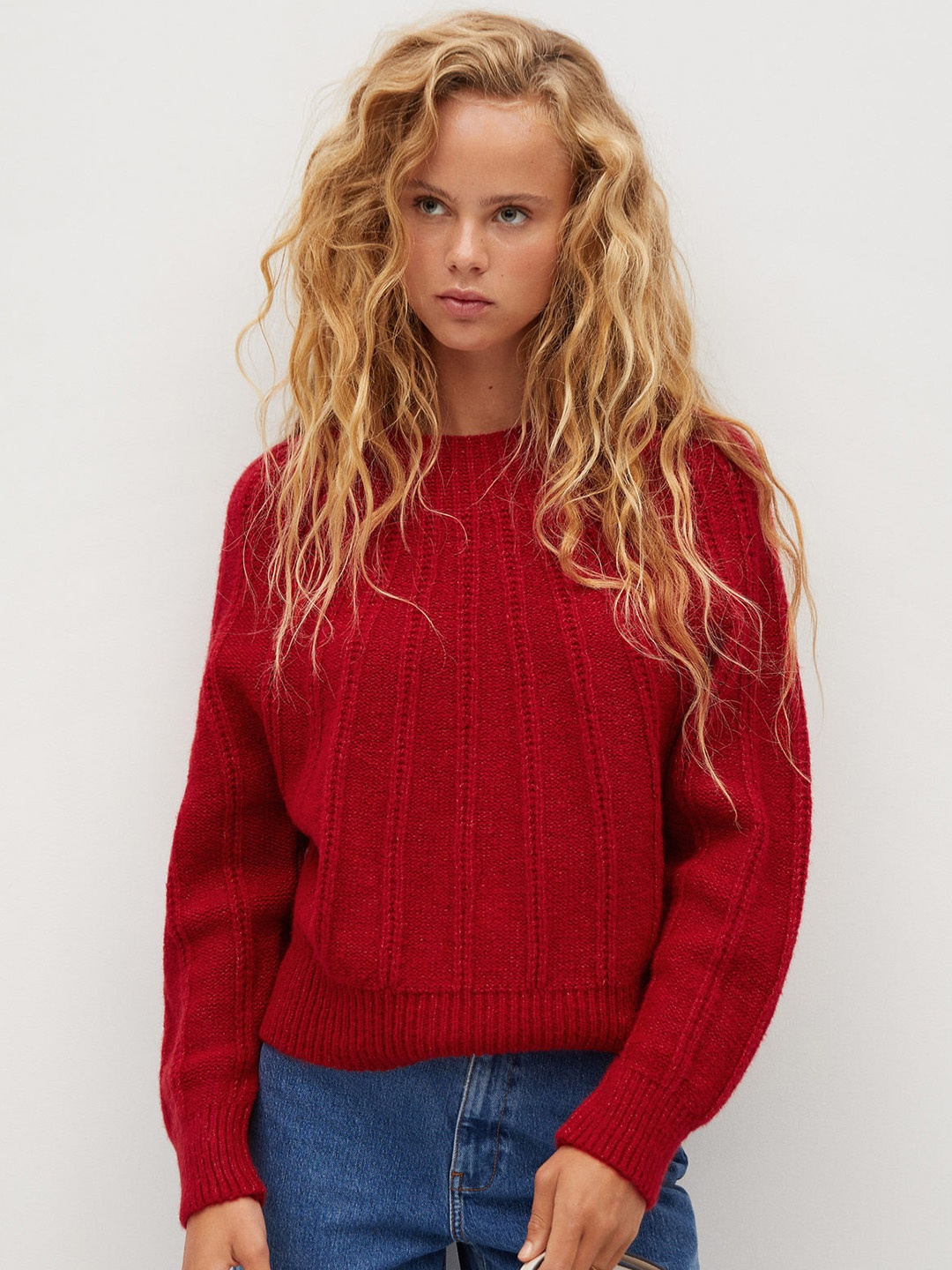 

MANGO Women Maroon Self-Striped Pullover Sweater