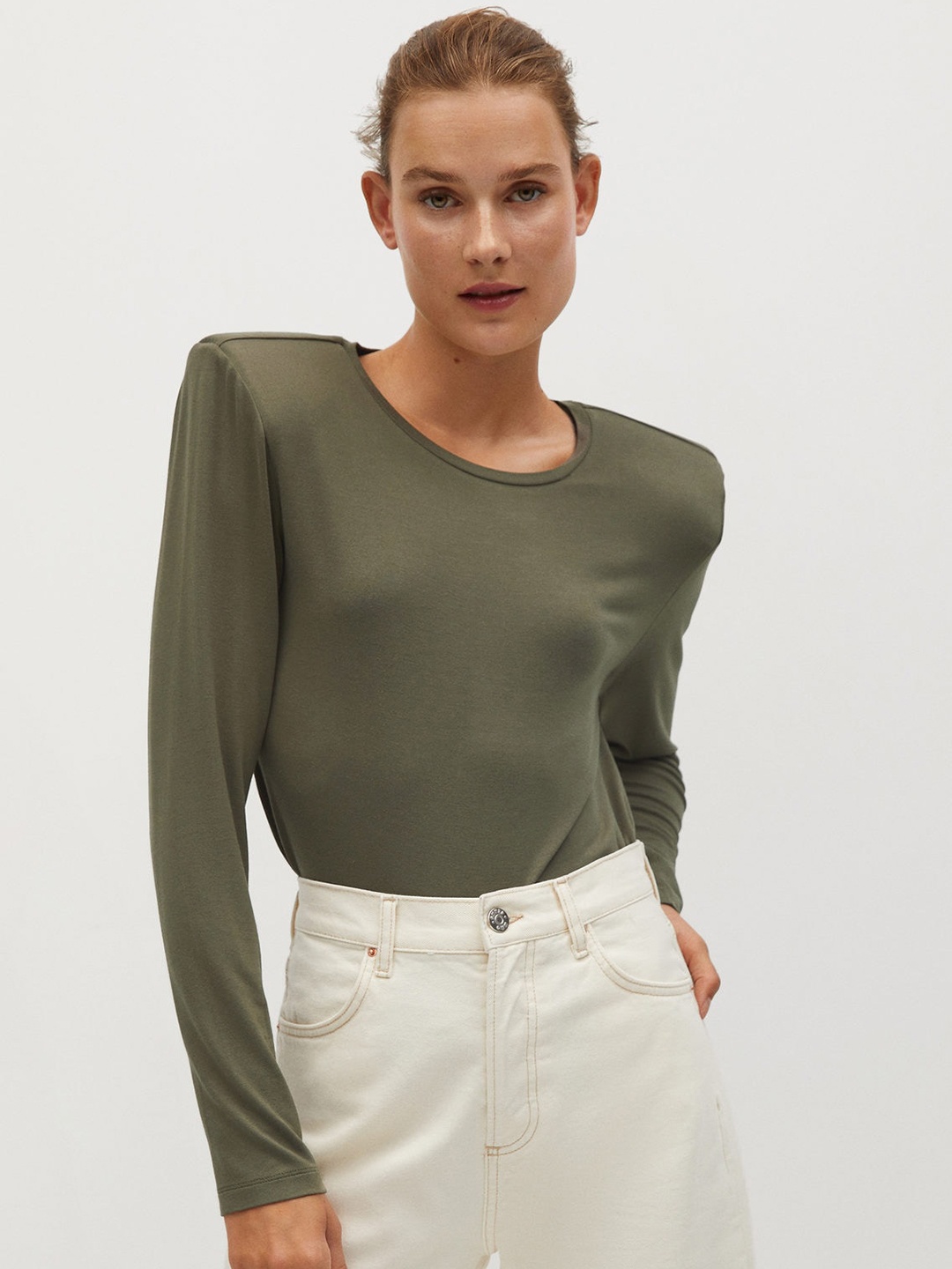 

MANGO Women Olive Green EcoVero Solid Padded Shoulder Round Neck T-shirt
