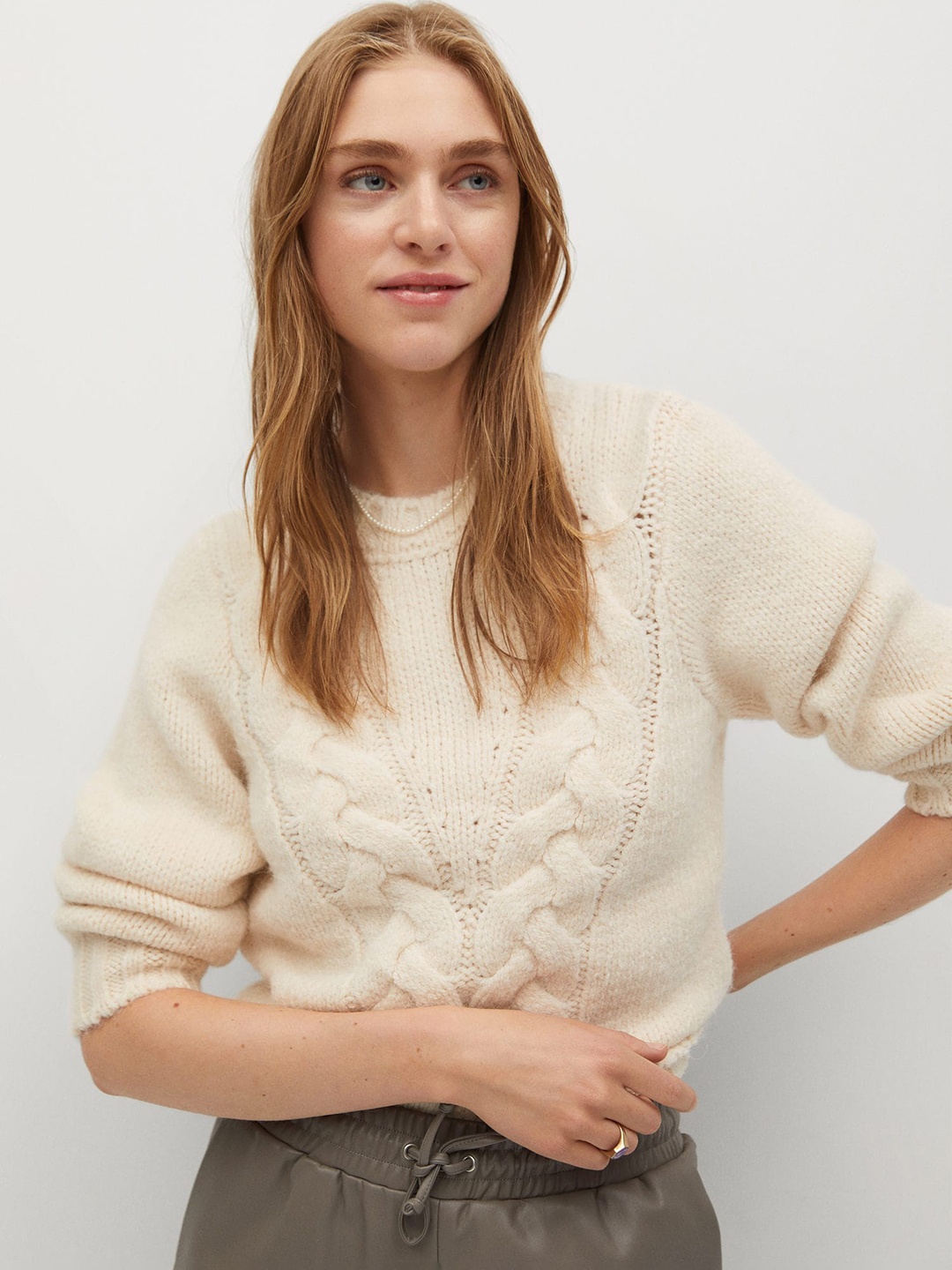 

MANGO Women Off-White Cable Knit Pullover Sweater