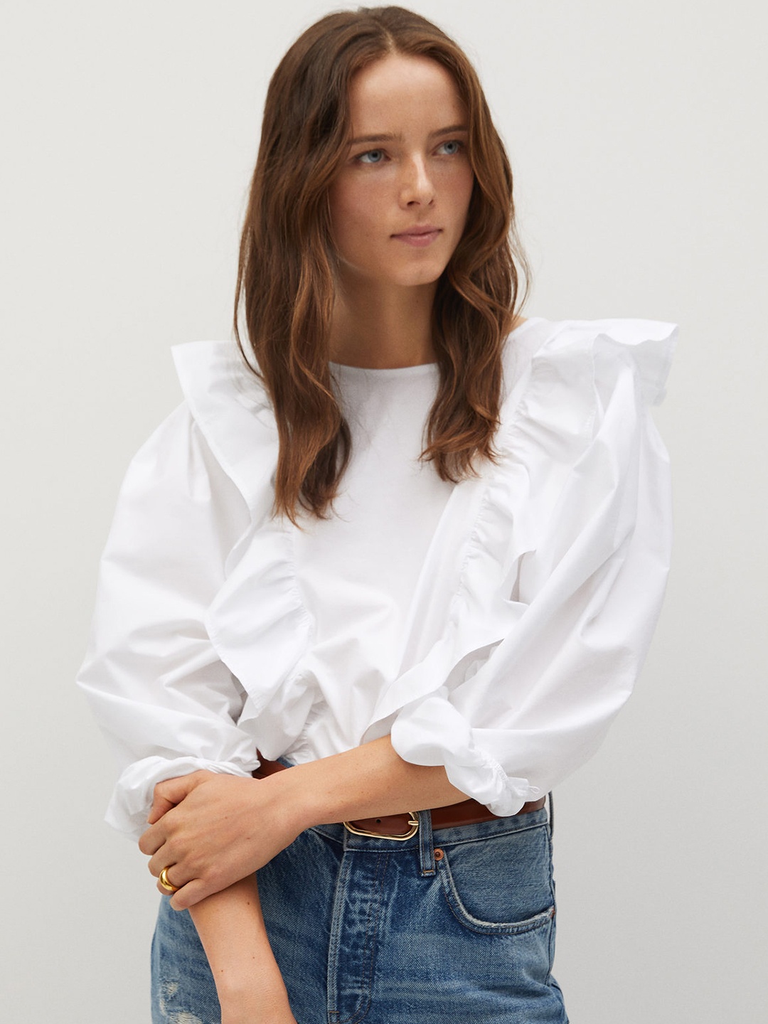 

MANGO White Organic Cotton Top with Ruffles