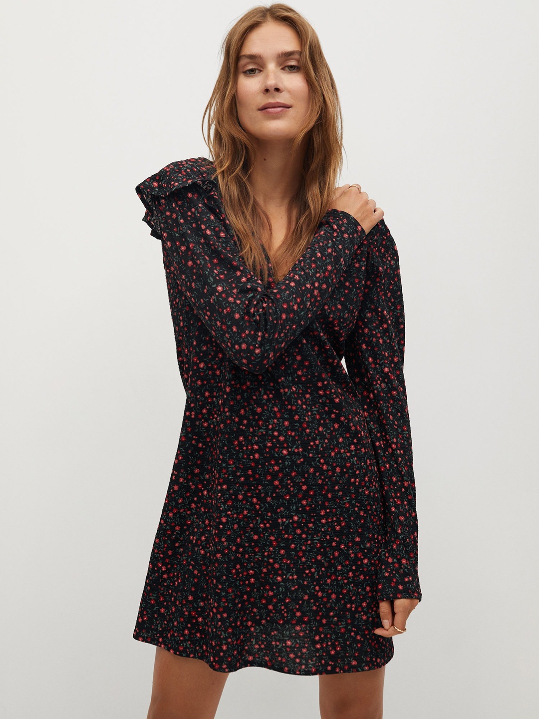 

MANGO Women Black & Red Ditsy Sustainable Floral Printed A-Line Dress