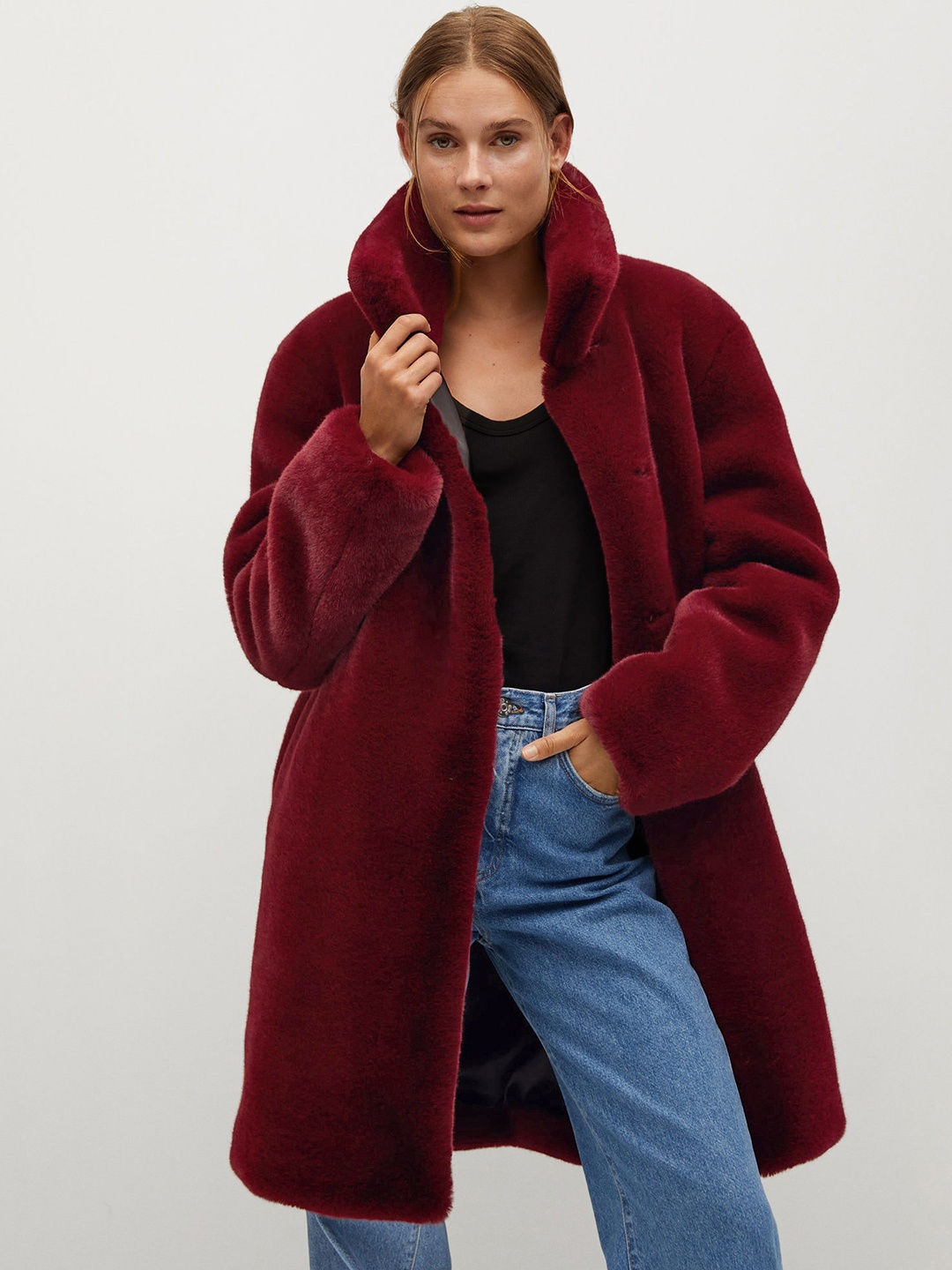 

MANGO Women Maroon Faux Fur Longline Front Open Overcoat