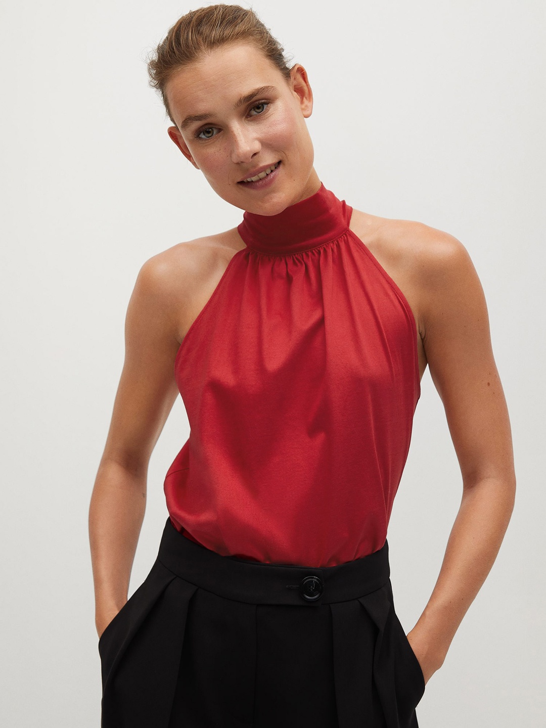 

MANGO Women Red Solid Pure Cotton Top with Halter Neck