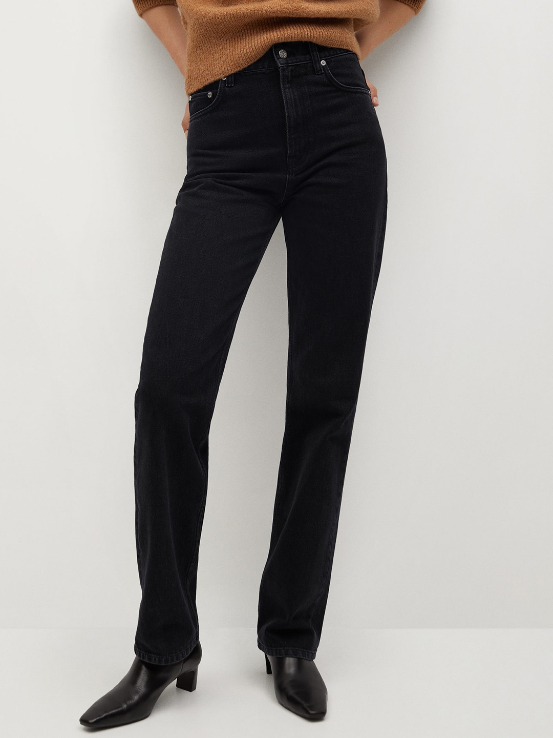 

MANGO Women Black Sustainable Eco-Wash Straight Fit High-Rise Clean Look Jeans