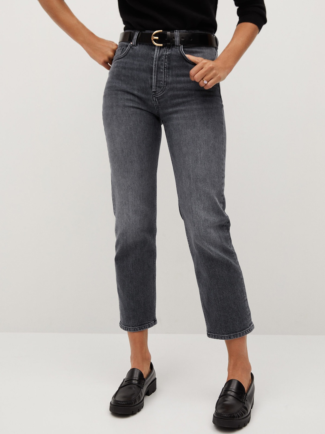 

MANGO Charcoal Grey Sustainable Straight Fit Mid-Rise Clean Look Stretchable Crop Jeans