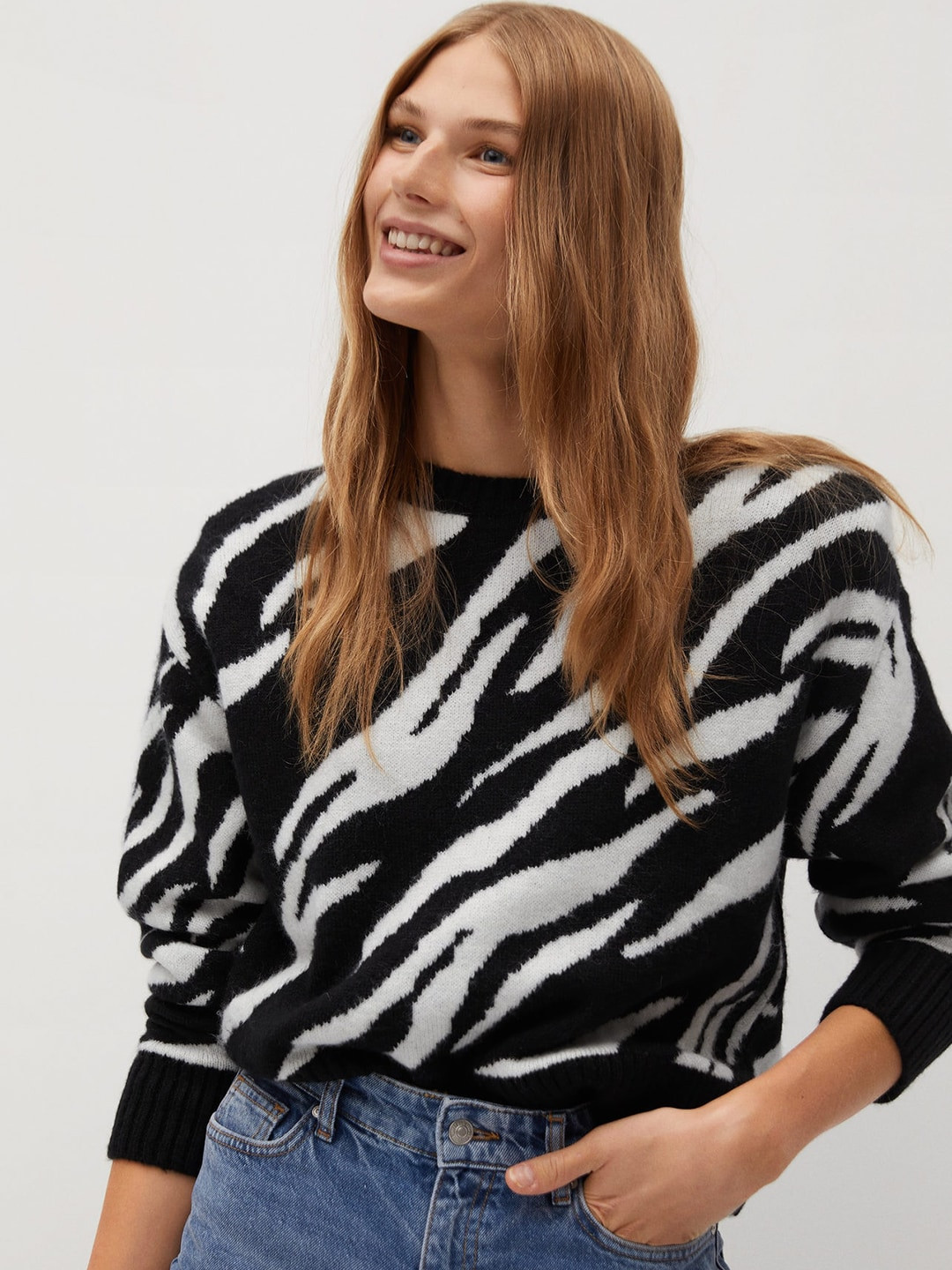 

MANGO Women Black & Off-White Zebra Patterned Pullover Sweater