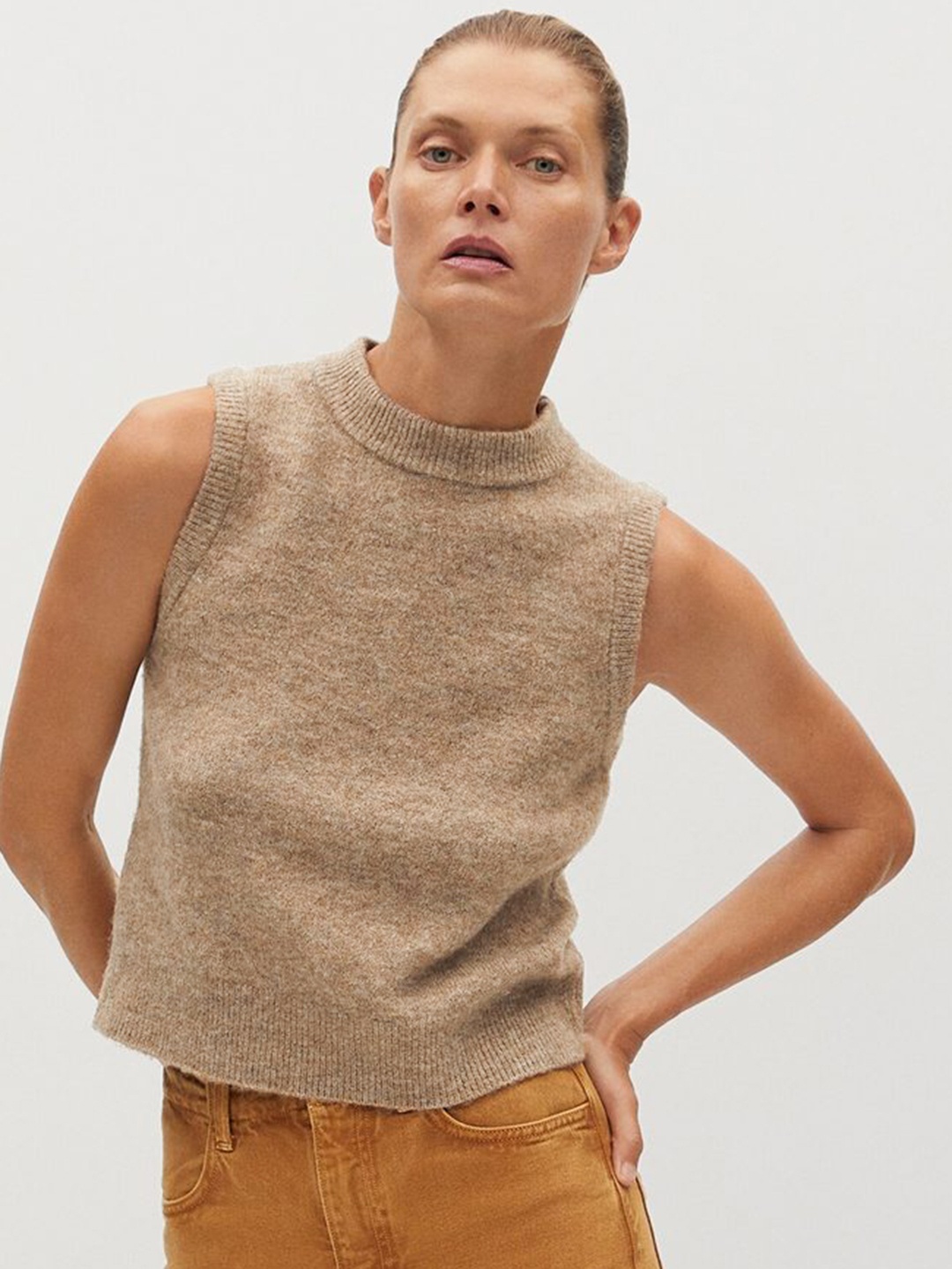 

MANGO Women Acrylic Beige Solid Winter Top