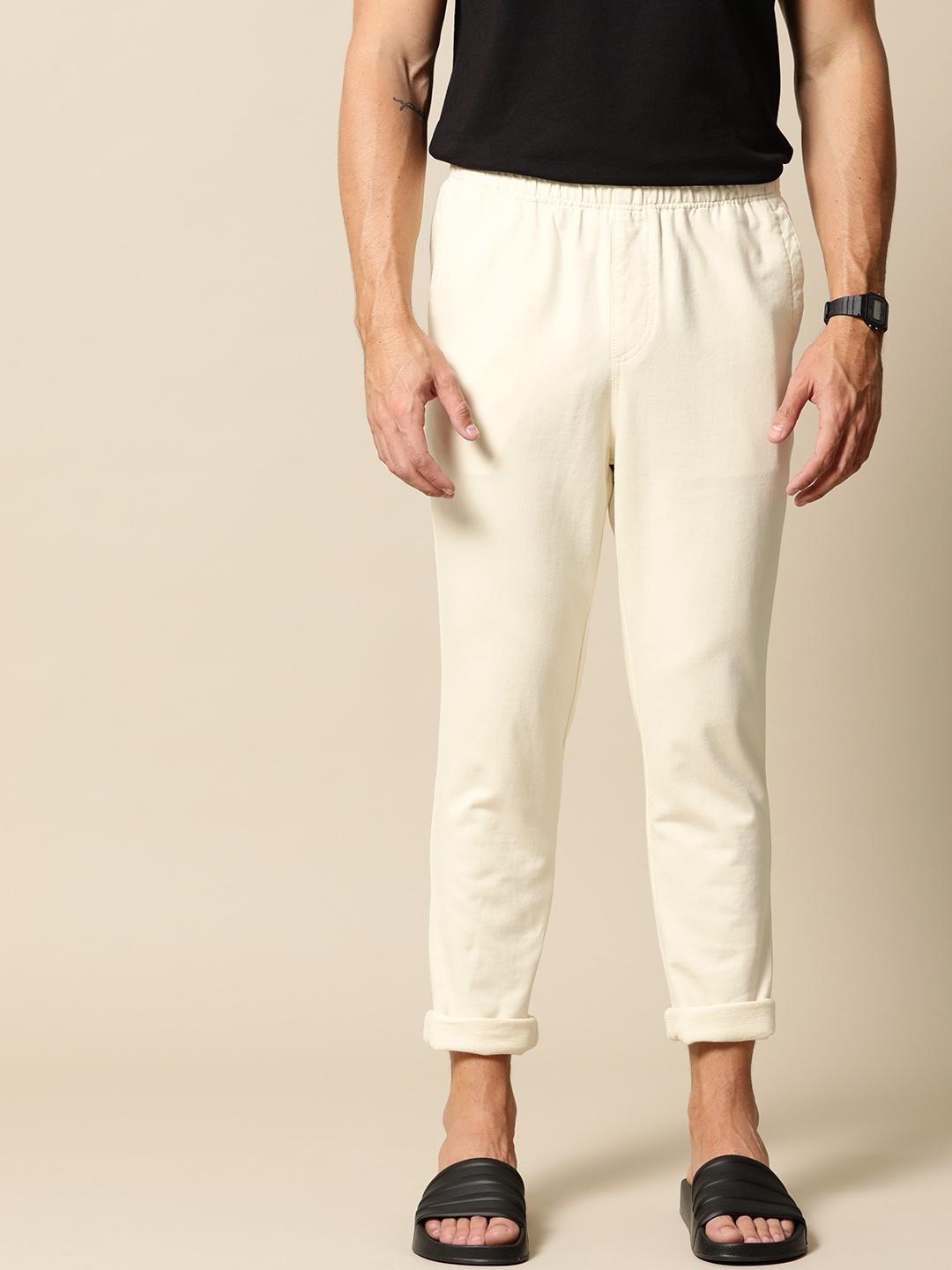 

Mr Bowerbird Men Off-White Tailored Fit Solid Regular Trousers