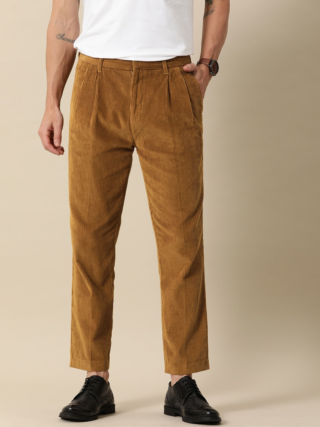 

Mr Bowerbird Men Camel Brown Tailored Fit Self-Striped Cropped Corduroy Regular Trousers