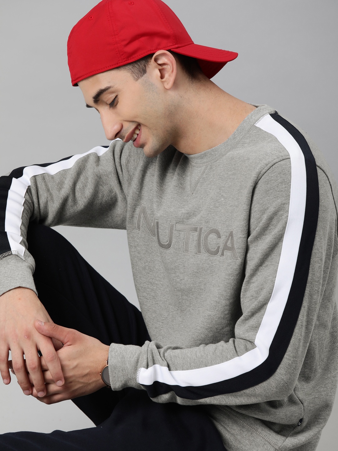 

Nautica Men Grey Solid Sweatshirt with Printed Detail