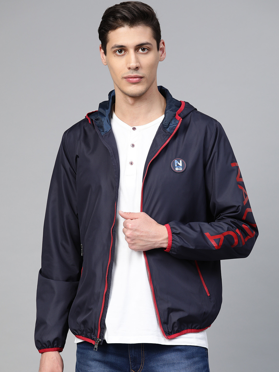 

Nautica Men Navy Blue Solid Hooded Tailored Jacket