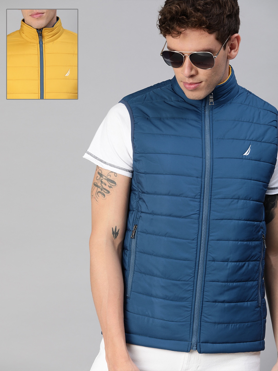 

Nautica Men Mustard & Blue Solid Reversible Puffer Jacket