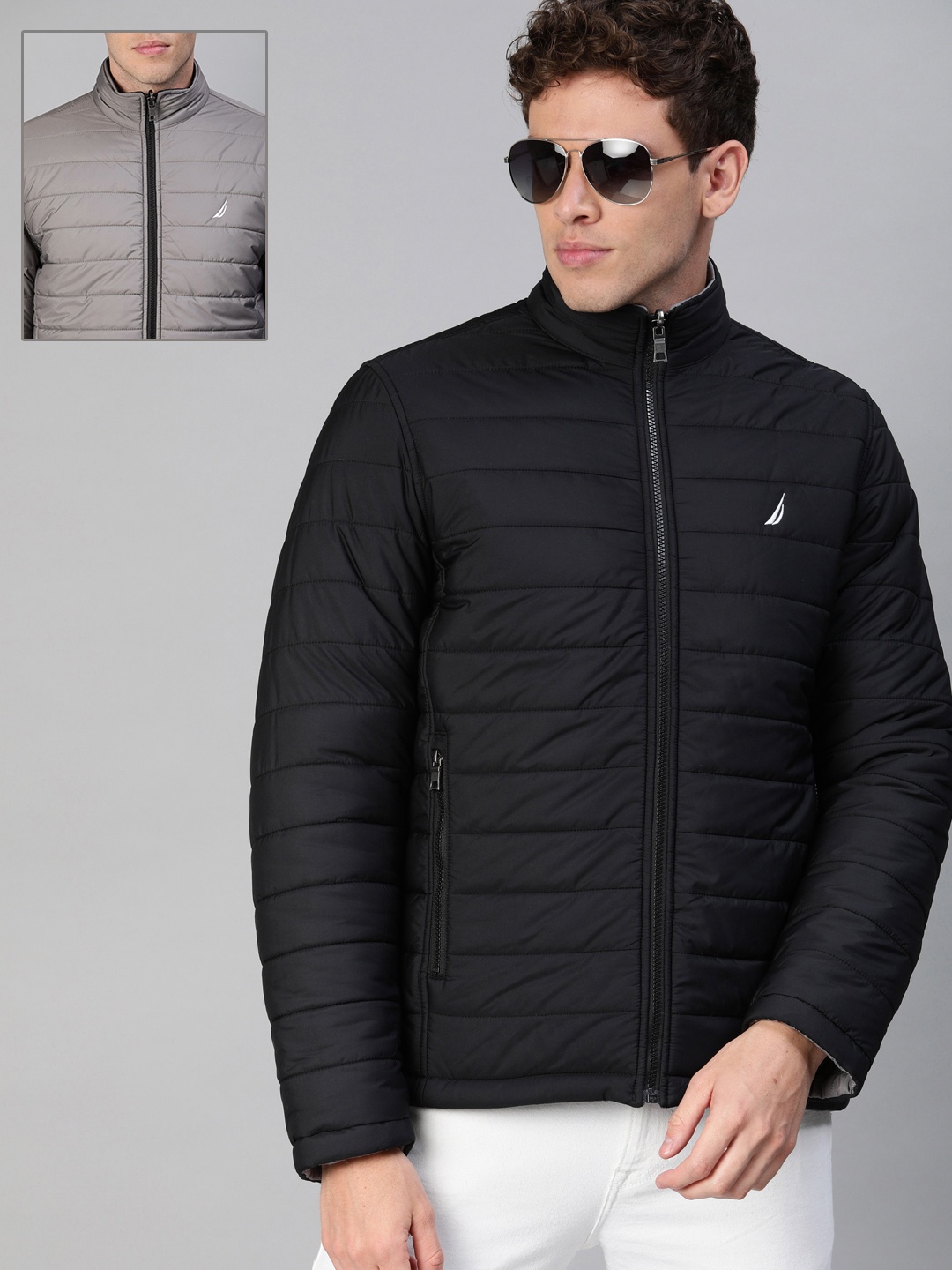 

Nautica Men Black & Grey Solid Reversible Puffer Jacket