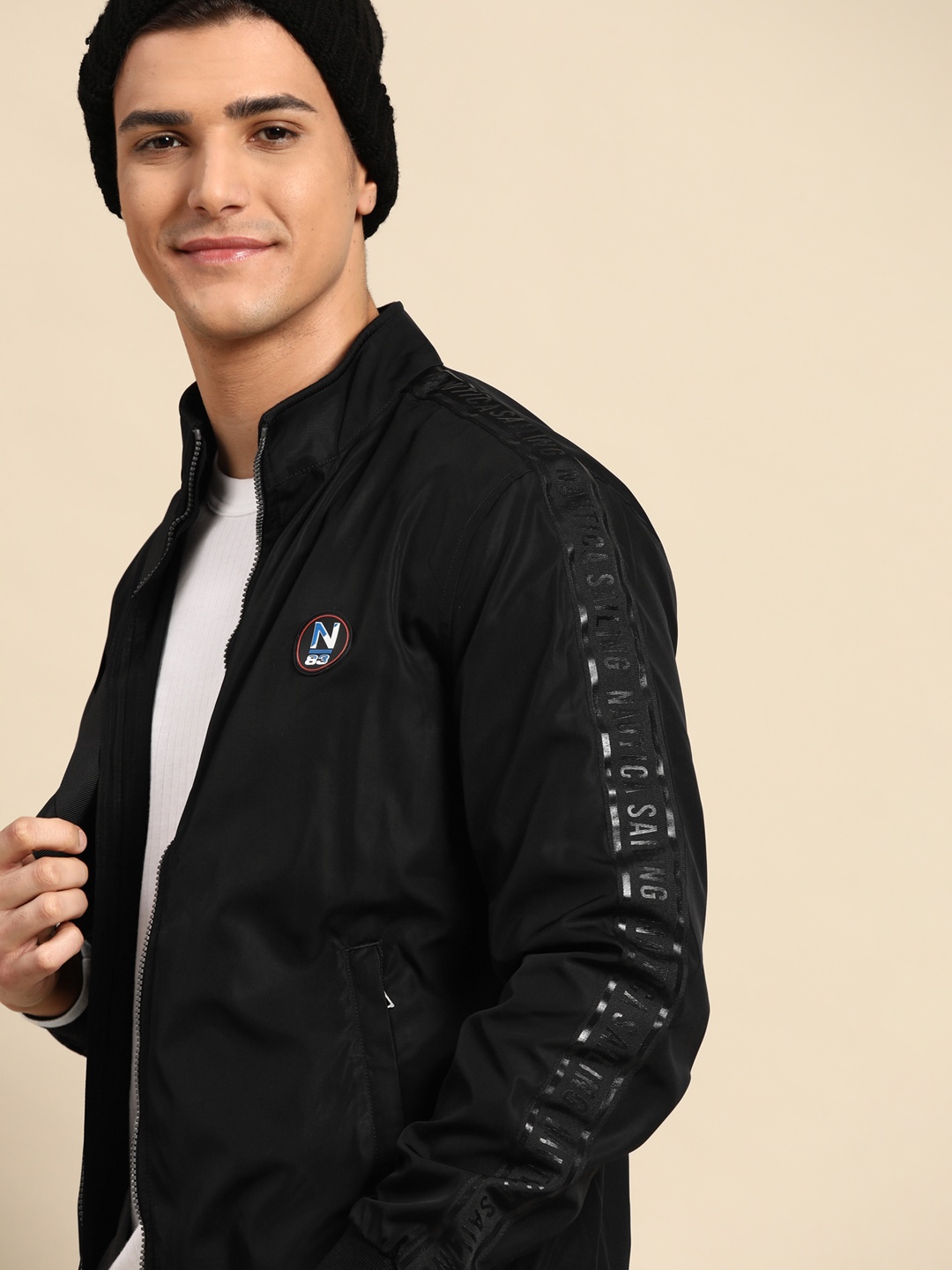 

Nautica Men Black Solid Bomber Jacket With Side Taping Detail