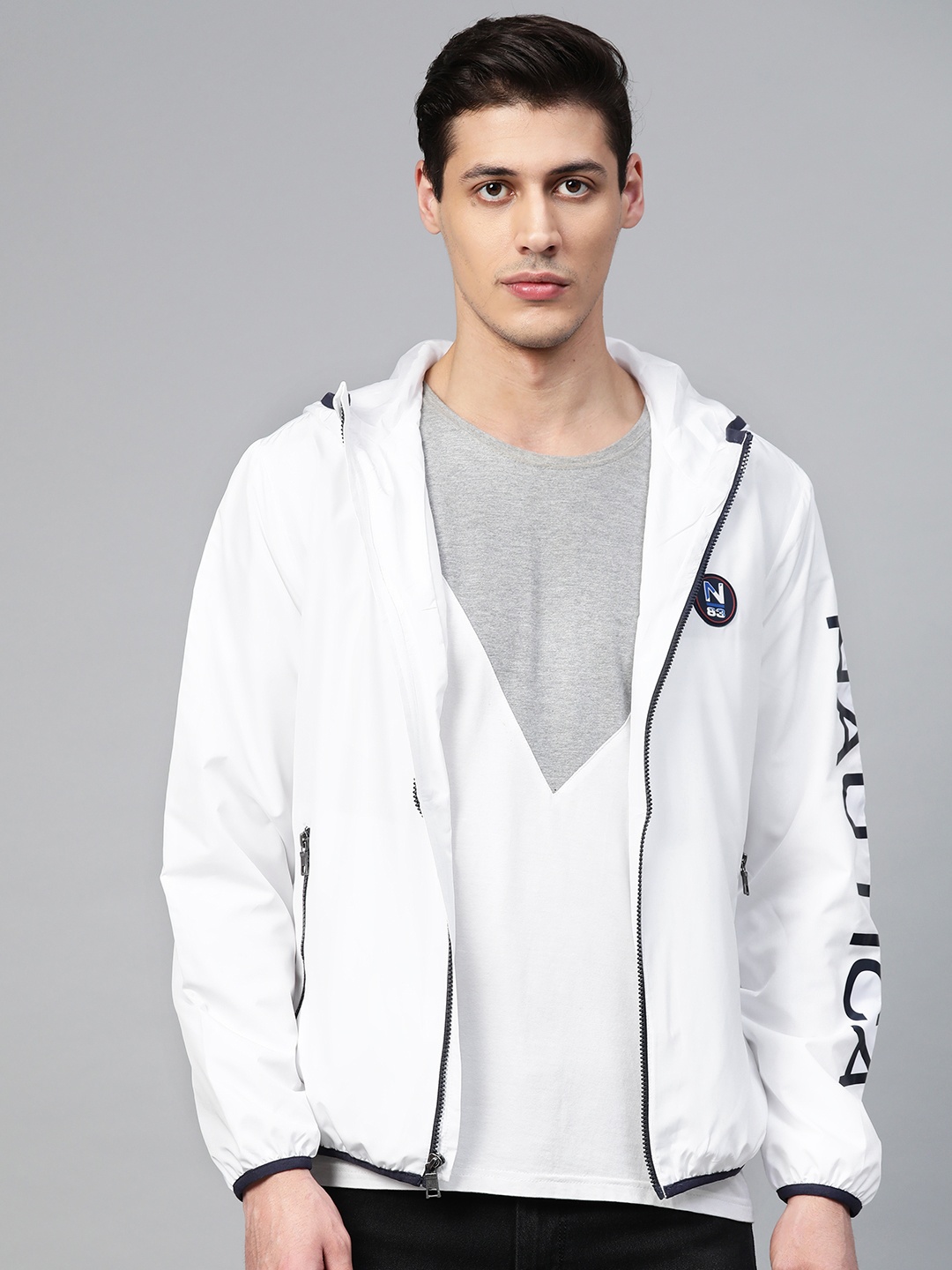 

Nautica Men White Solid Hooded Tailored Jacket