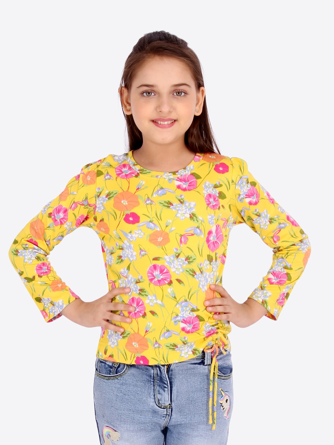 

CUTECUMBER Girls Yellow Printed Round Neck T-shirt