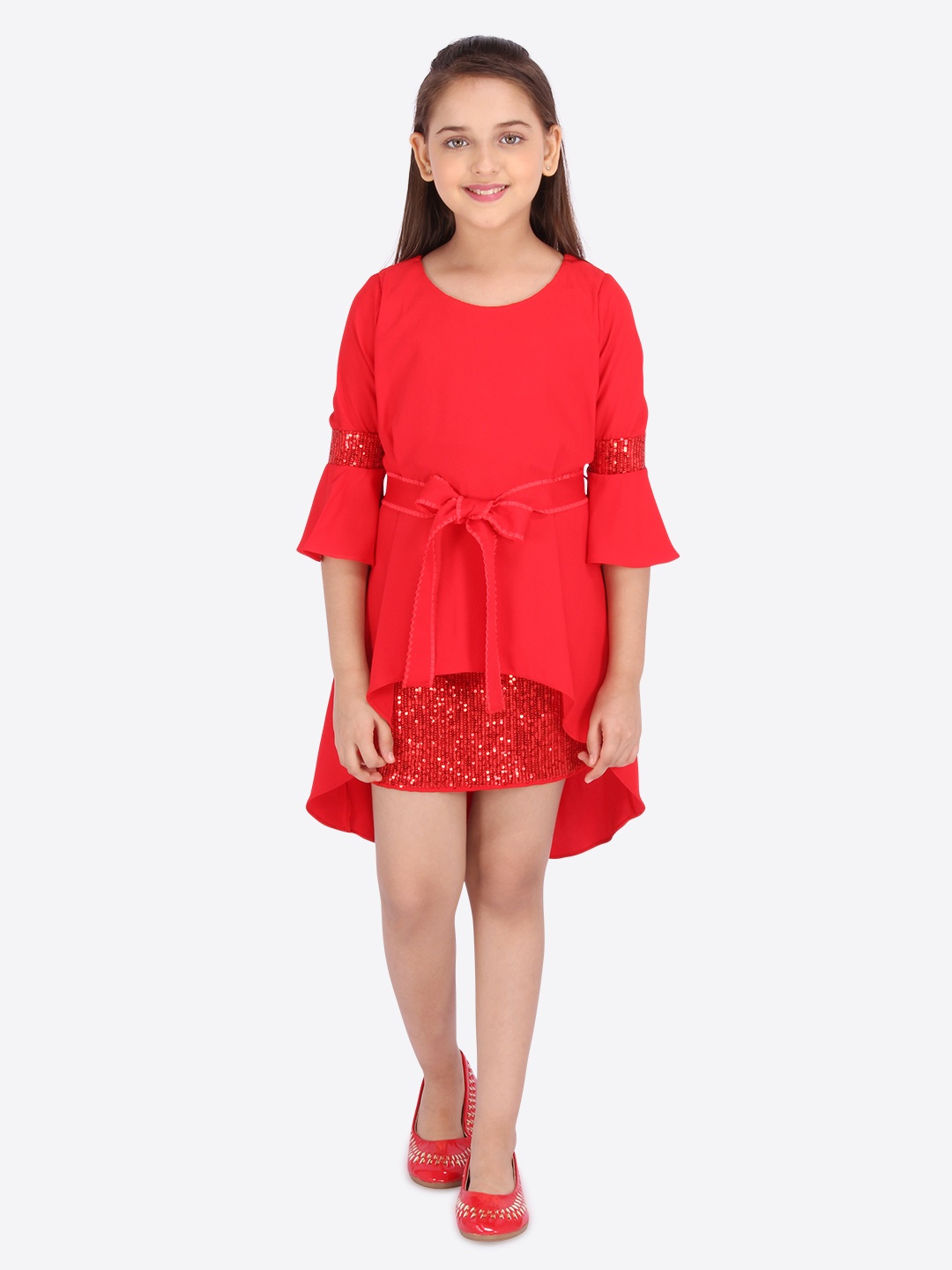 

CUTECUMBER Girls Red Embellished Fit and Flare Dress