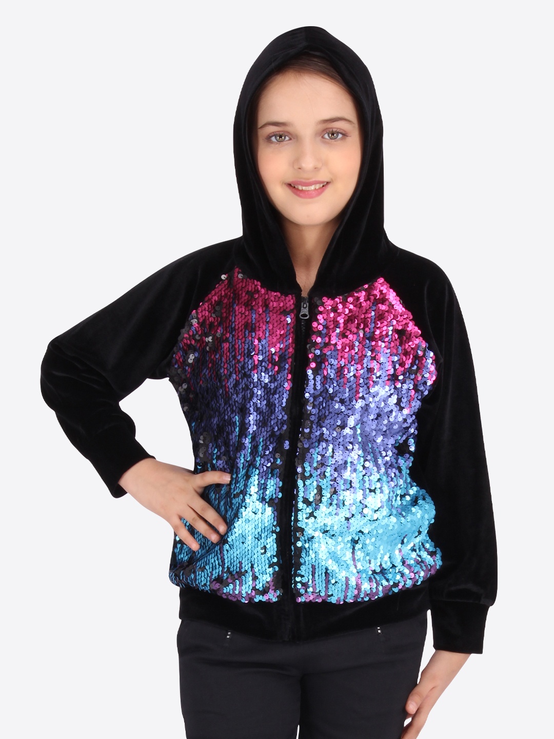 

CUTECUMBER Girls Black Embellished Open Front Jacket