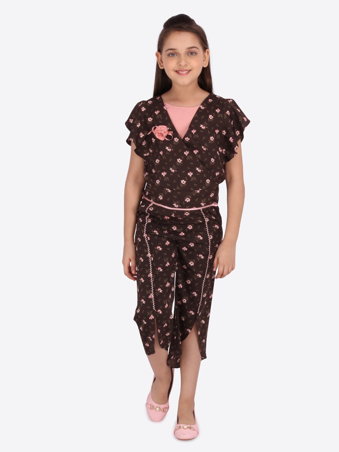

CUTECUMBER Girls Brown & Pink Printed Top with Palazzos