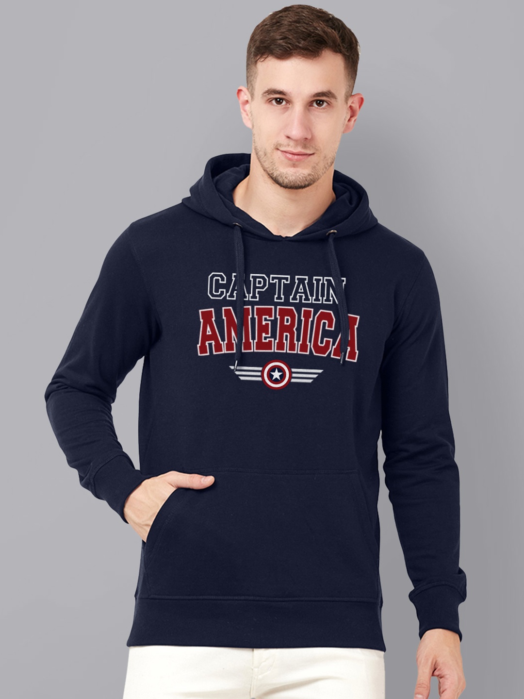 

Free Authority Men Navy Blue Printed Captain America Hooded Sweatshirt