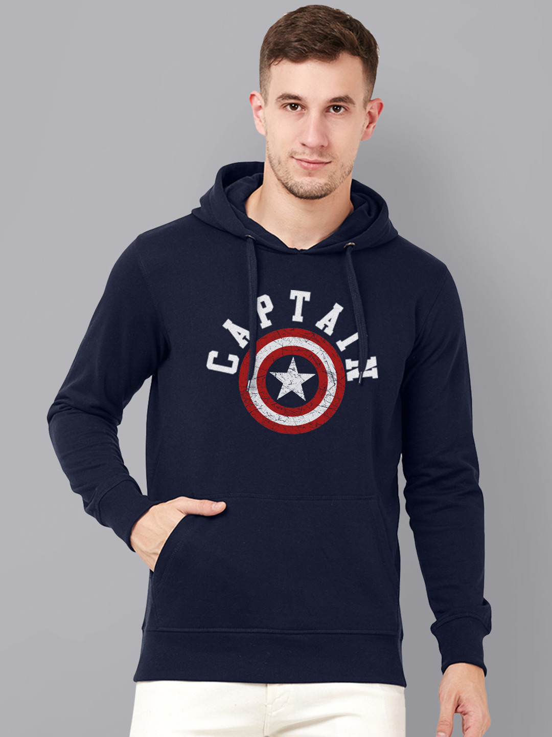 

Free Authority Men Navy Blue & White Captain America Printed Hooded Sweatshirt