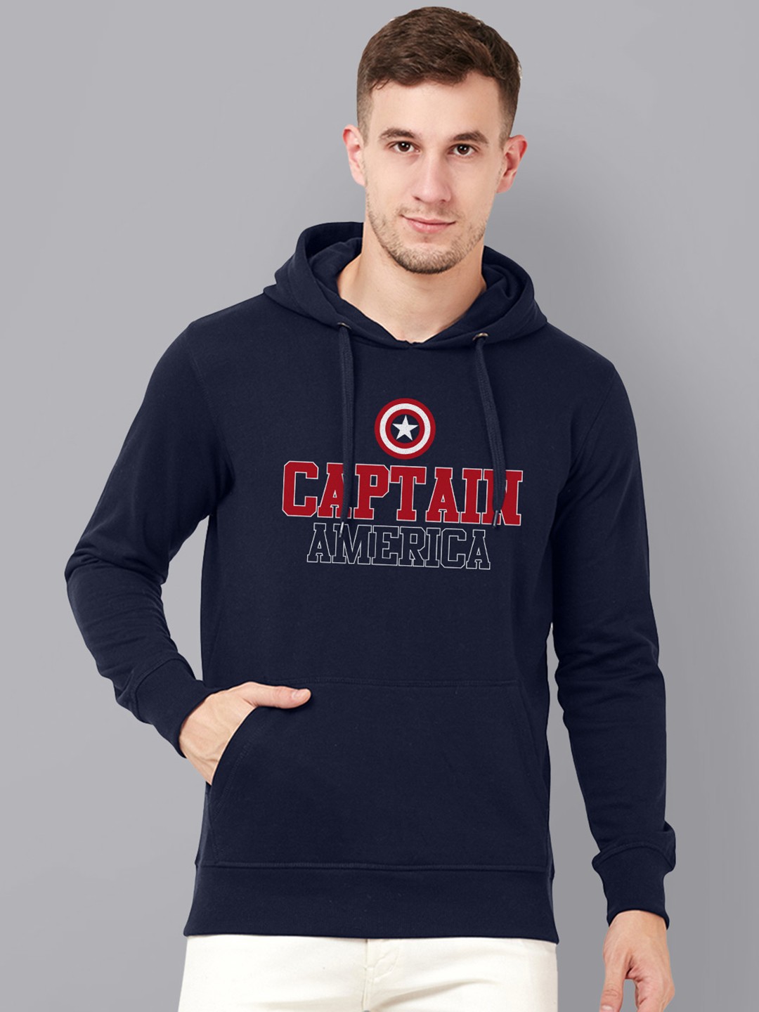 

Free Authority Men Navy Blue Captain America Printed Hooded Sweatshirt