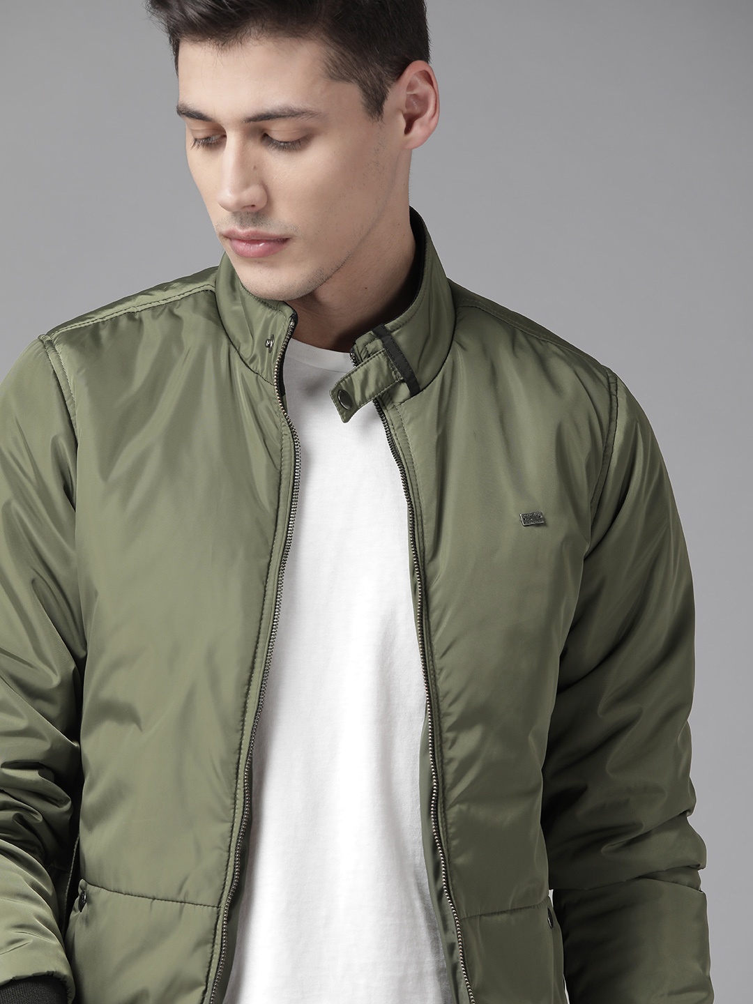

Roadster Men Olive Green Solid Bomber Jacket