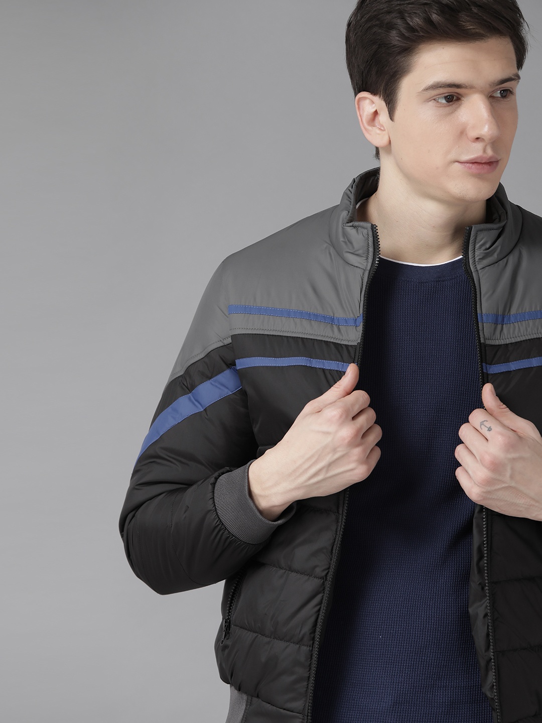 

Roadster Men Black & Grey Striped Bomber Jacket