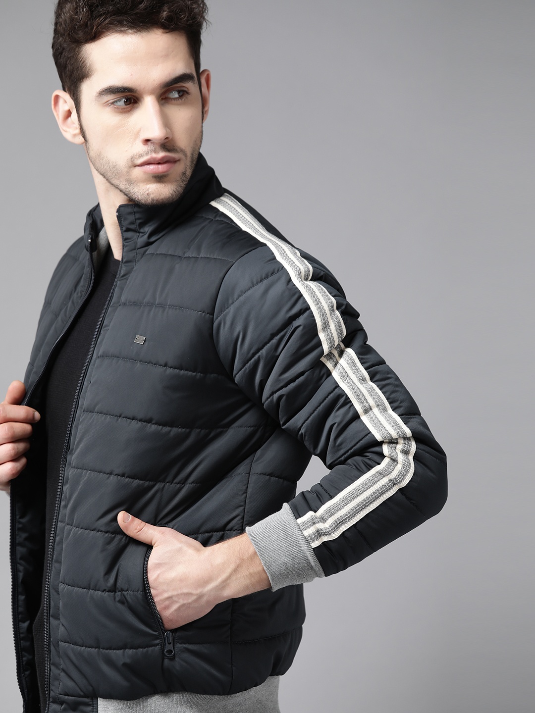 

Roadster Men Navy Blue Solid Padded Jacket