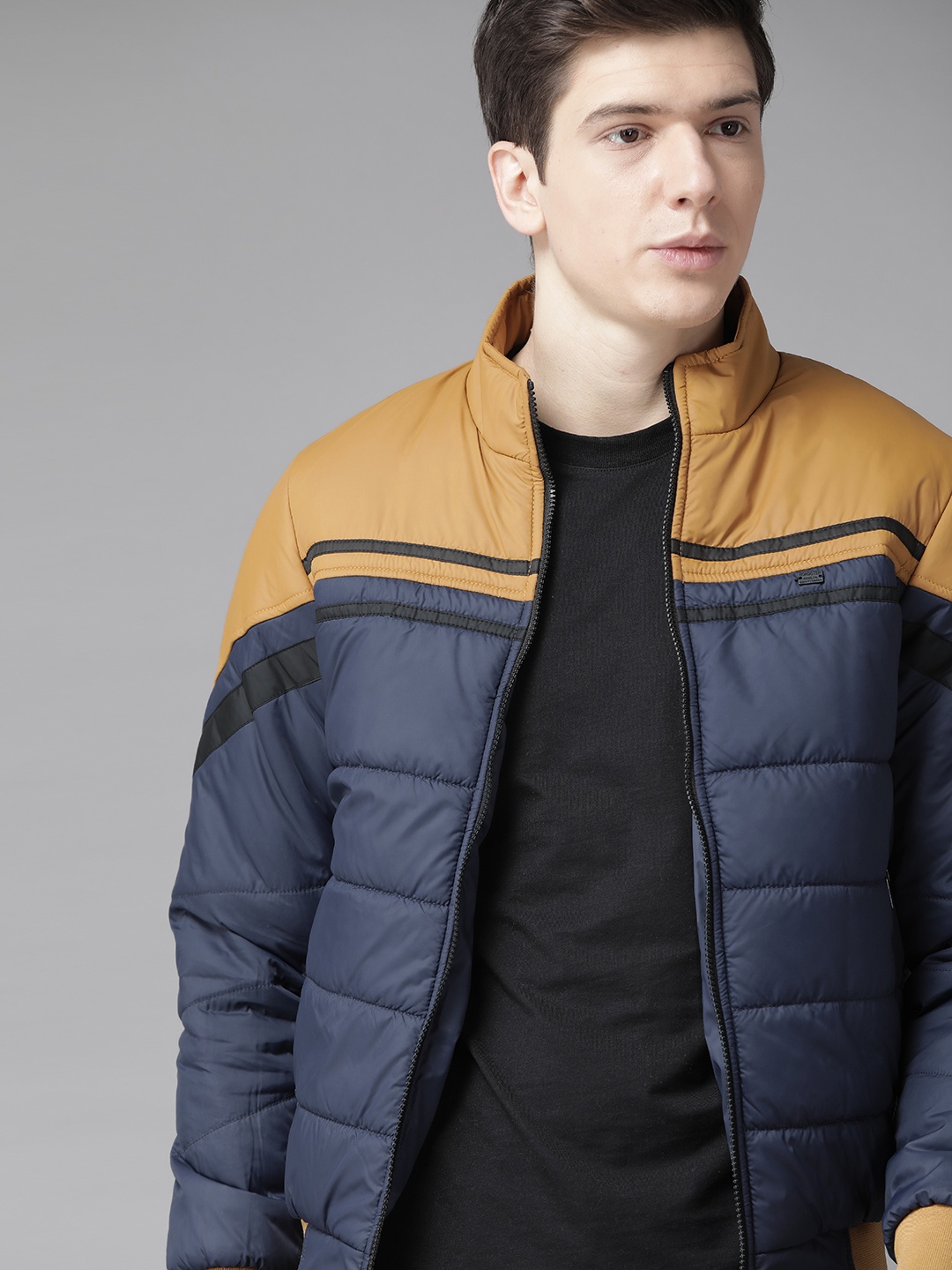 

Roadster Men Navy Blue & Mustard Yellow Colourblocked Bomber Jacket