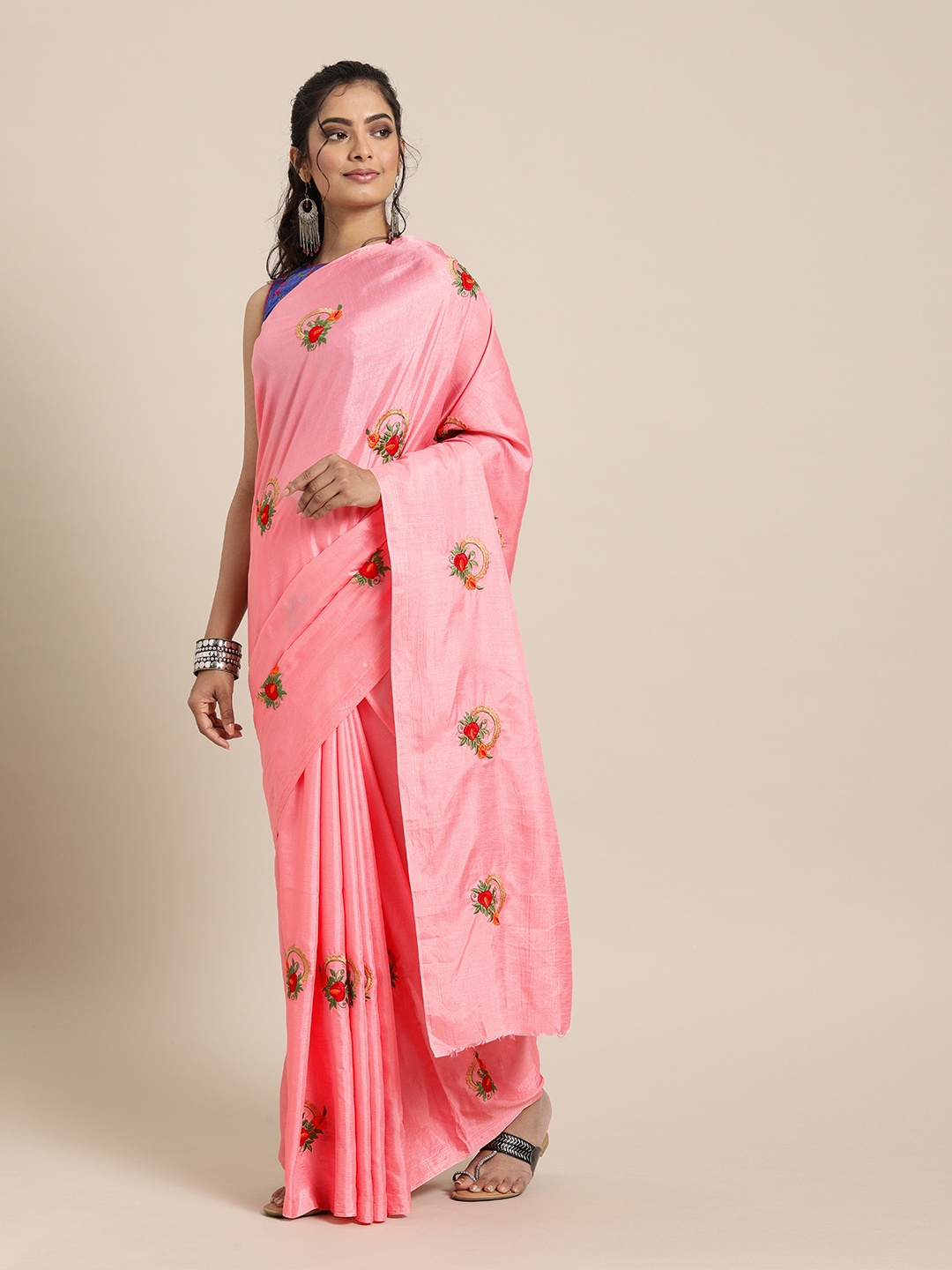 

SHAVYA Pink & Red Pure Georgette Embroidered Saree