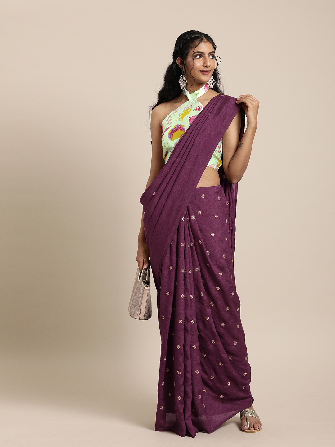 

SHAVYA Burgundy Embroidered Pure Georgette Saree with Printed Blouse