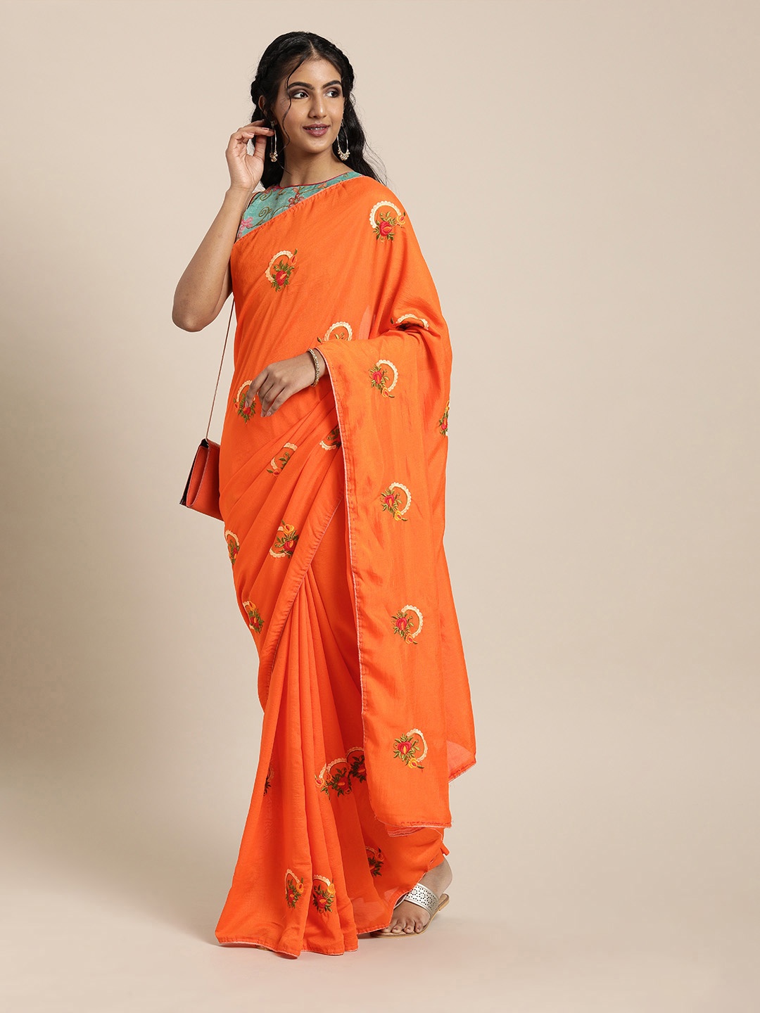 

SHAVYA Orange Embroidered Pure Georgette Celebrity Saree